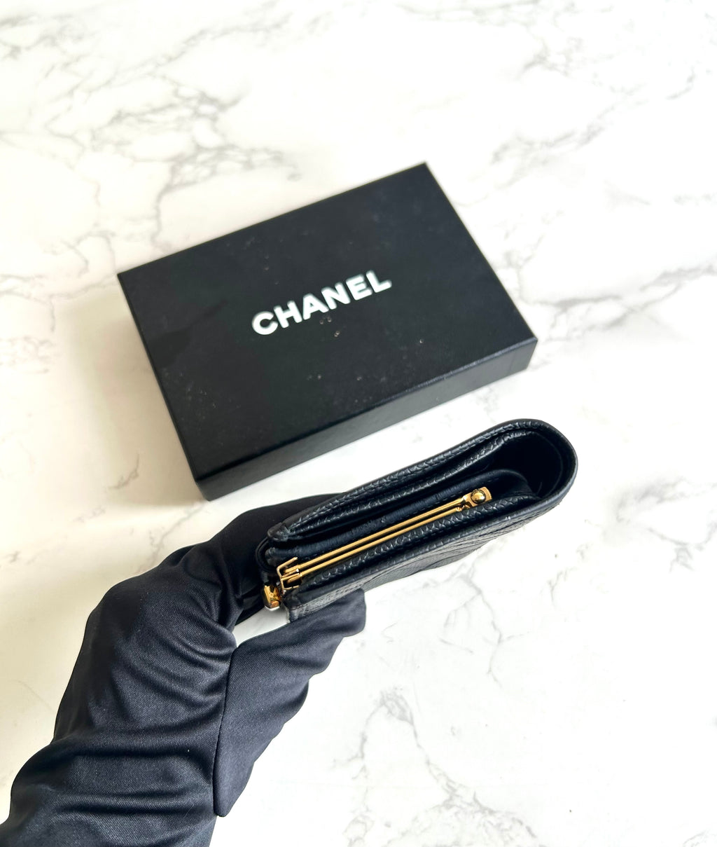 Chanel黑色魚子醬皮革中夾 皮夾 錢包 短夾 中古包