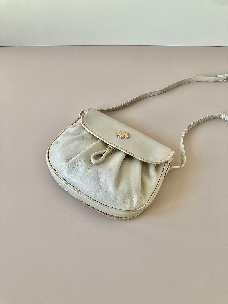 CELINE rare white gold emblem leather messenger bag / side bag / oblique bag