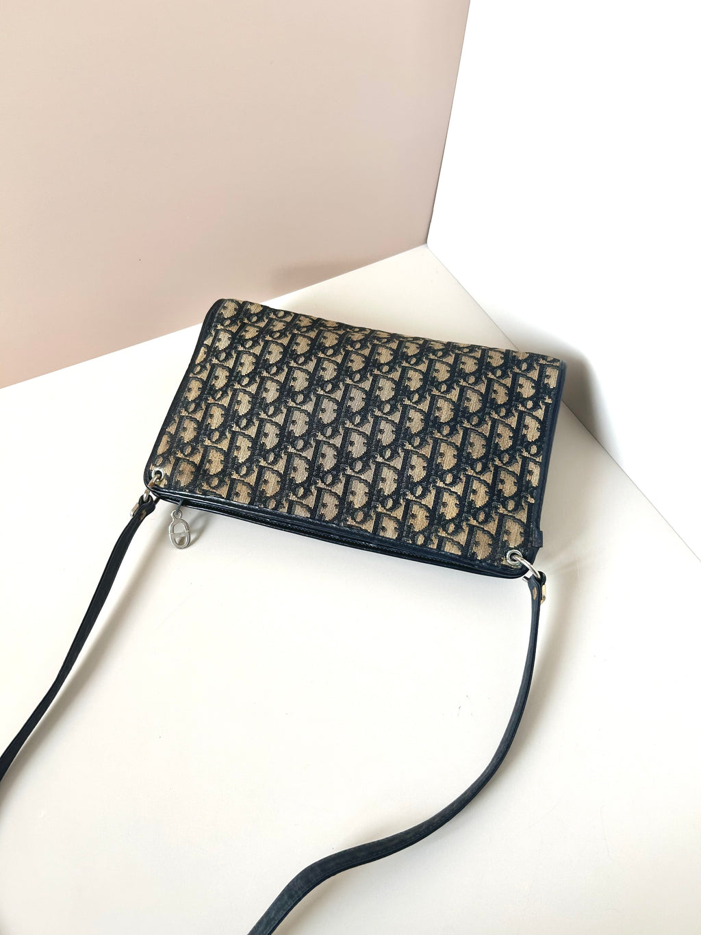 CHRISTIAN DIOR dark blue monogram shoulder bag/side bag/oblique bag