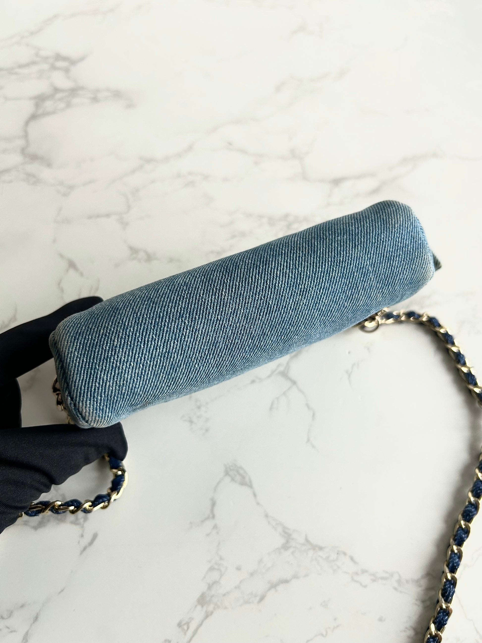 極稀有 中古Chanel牛仔藍明線包 側背包 斜背包