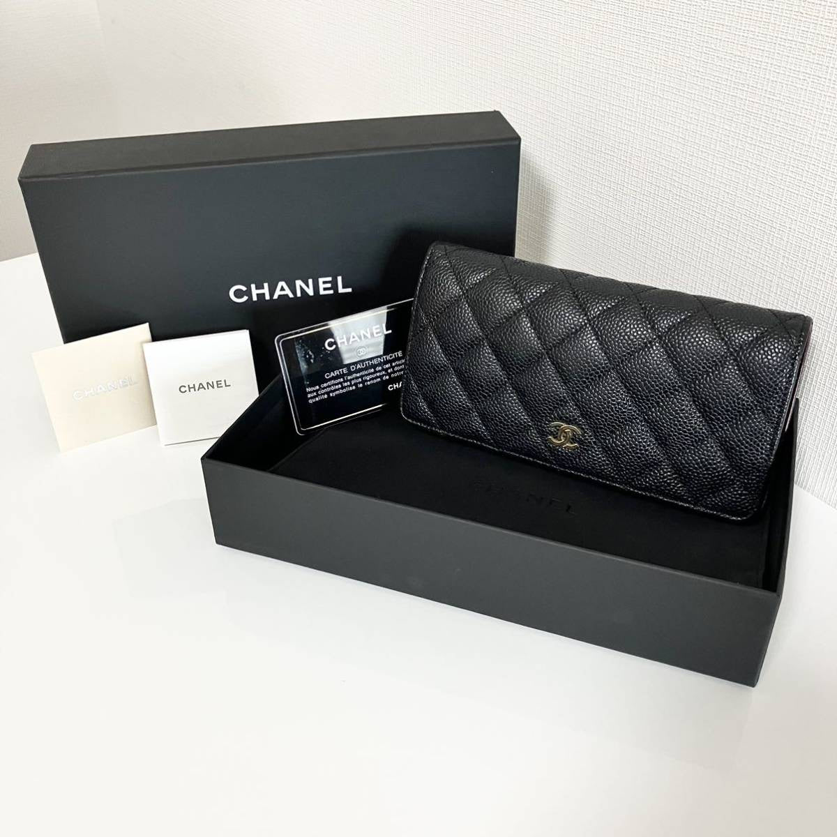 CHANEL Full Set Caviar Leather Black x Gold Long Bi-fold Wallet