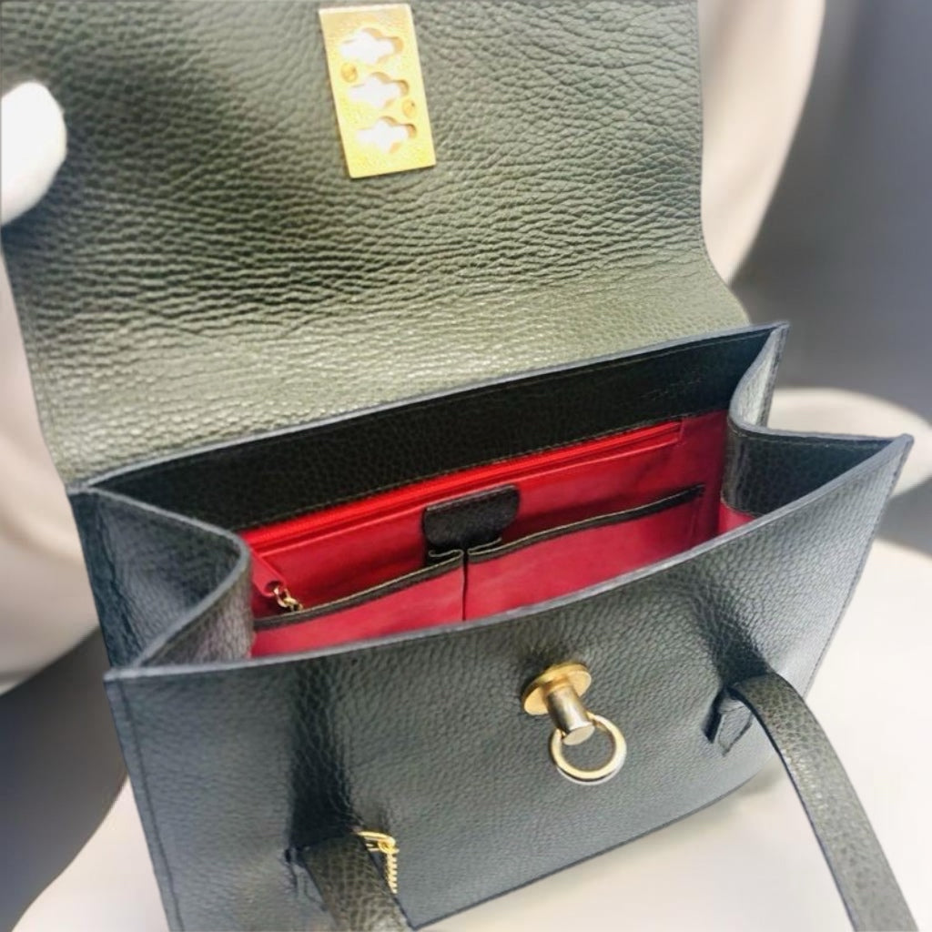 CELINE rare olive green gold tuo watch chain leather Kelly handbag / side bag