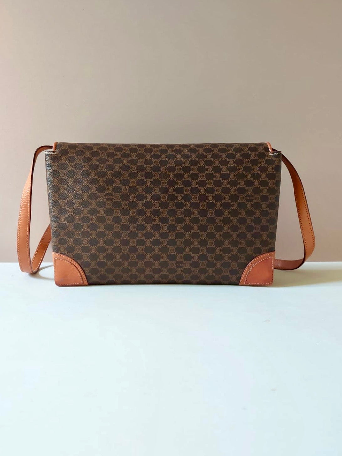 CELINE rare brown old flower leather messenger bag / side bag / oblique bag