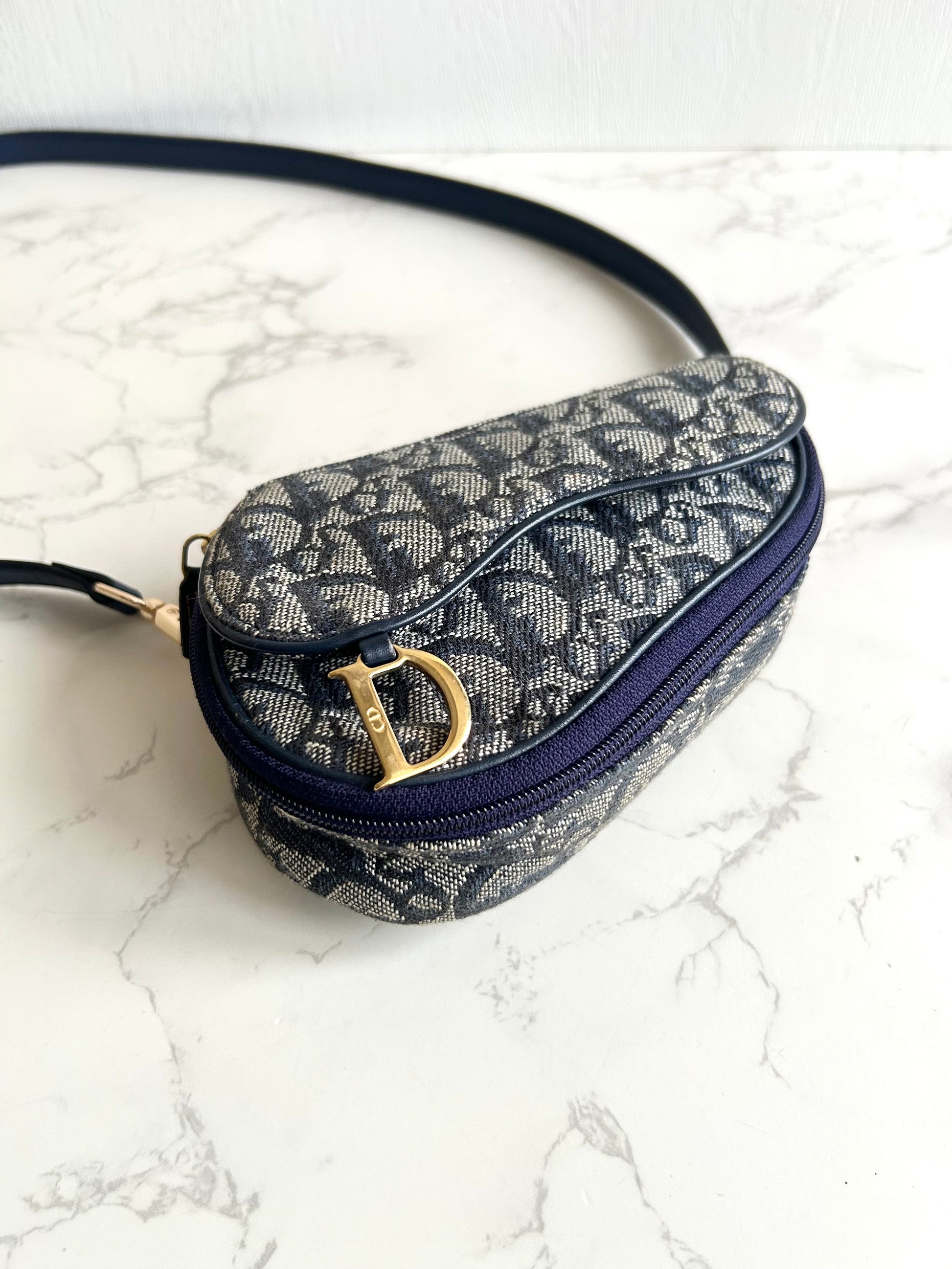 稀有中古Dior深藍老花馬鞍包 側背包 斜背包