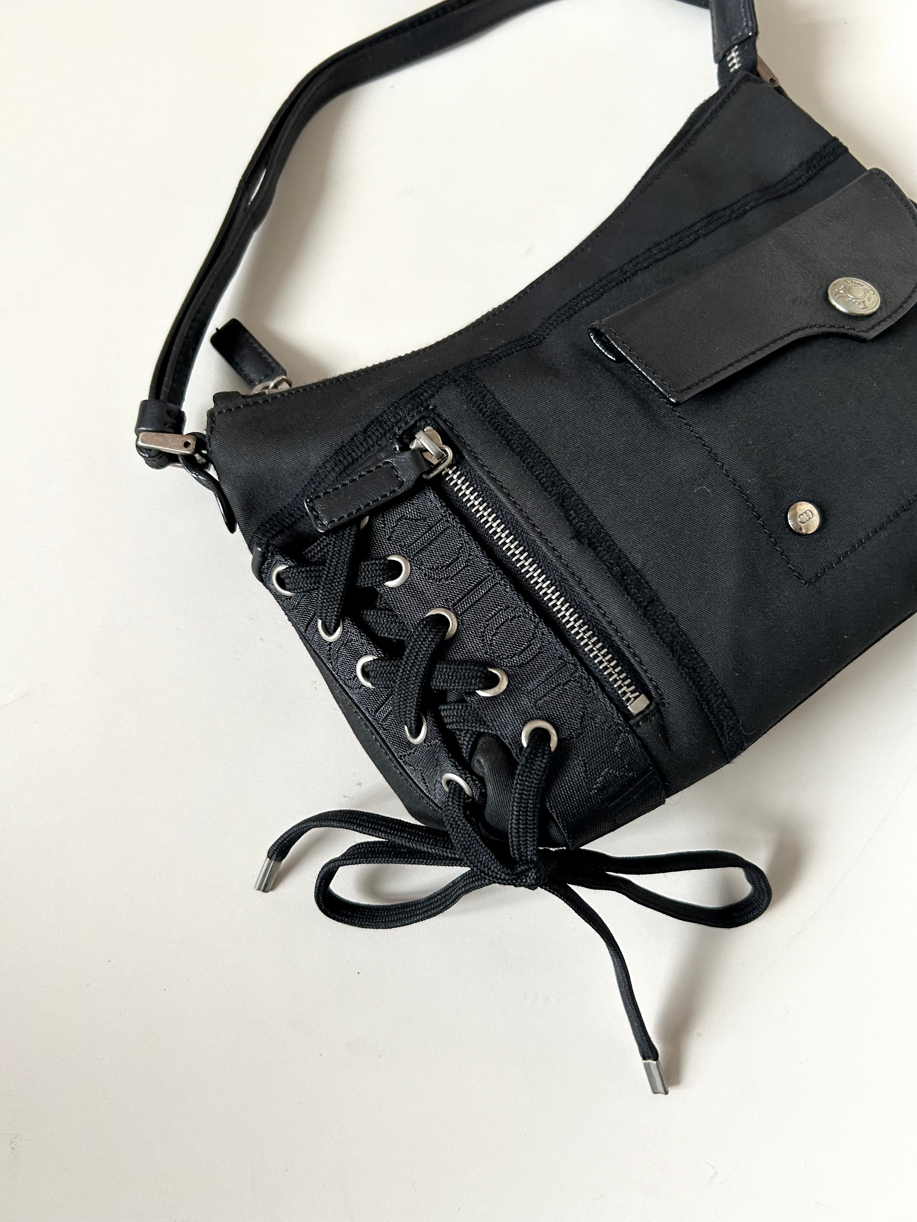 CHRISTIAN DIOR rare black silver buckle punk rope small bag/underarm bag/shoulder bag/side backpack