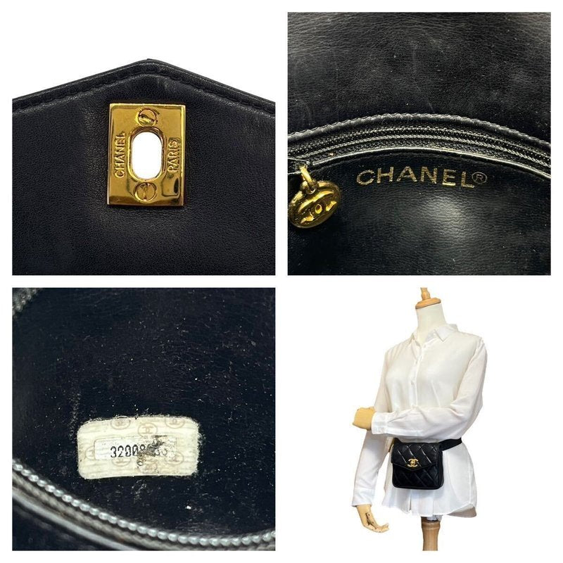 CHANEL rare black leather gold swivel buckle belt bag/side bag/clutch