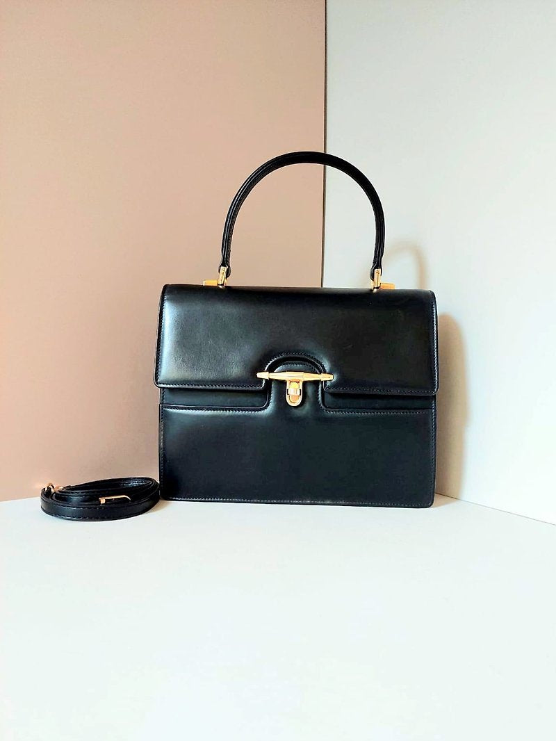 GUCCI Rare Black Rotating Gold Buckle Kelly Leather Side Bag/Messenger Bag/Handbag