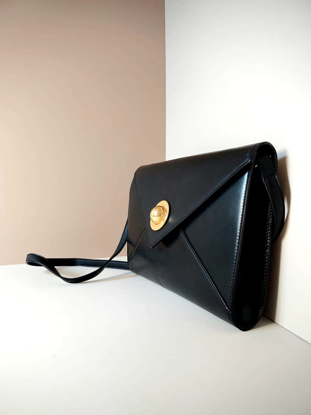 CELINE Planet Black Gold Leather Envelope Side Bag / Crossbody Bag