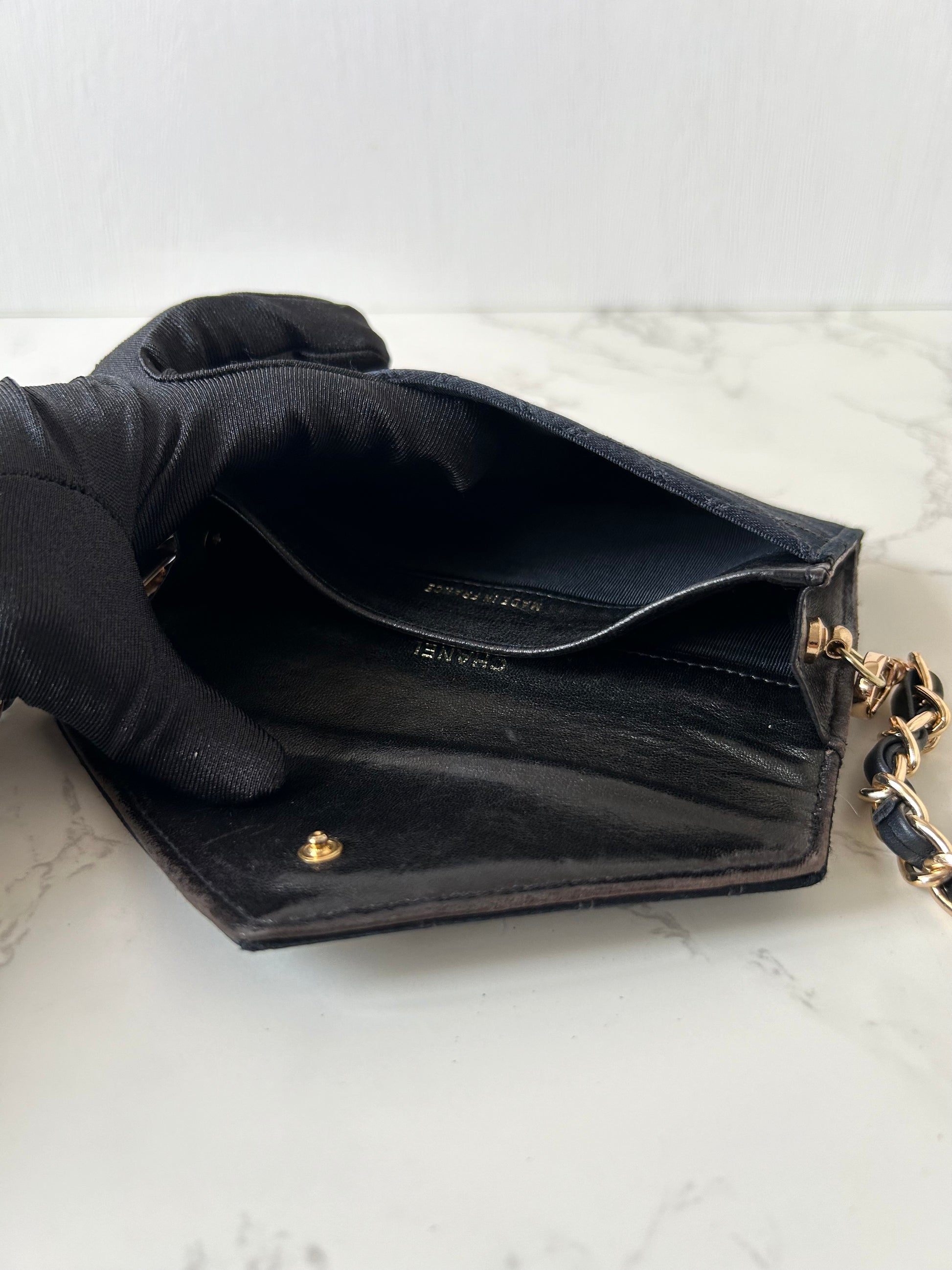 CHANEL Rare Black Satin Rhinestone Small Bag/Side Bag/Messenger Bag/Clutch Bag