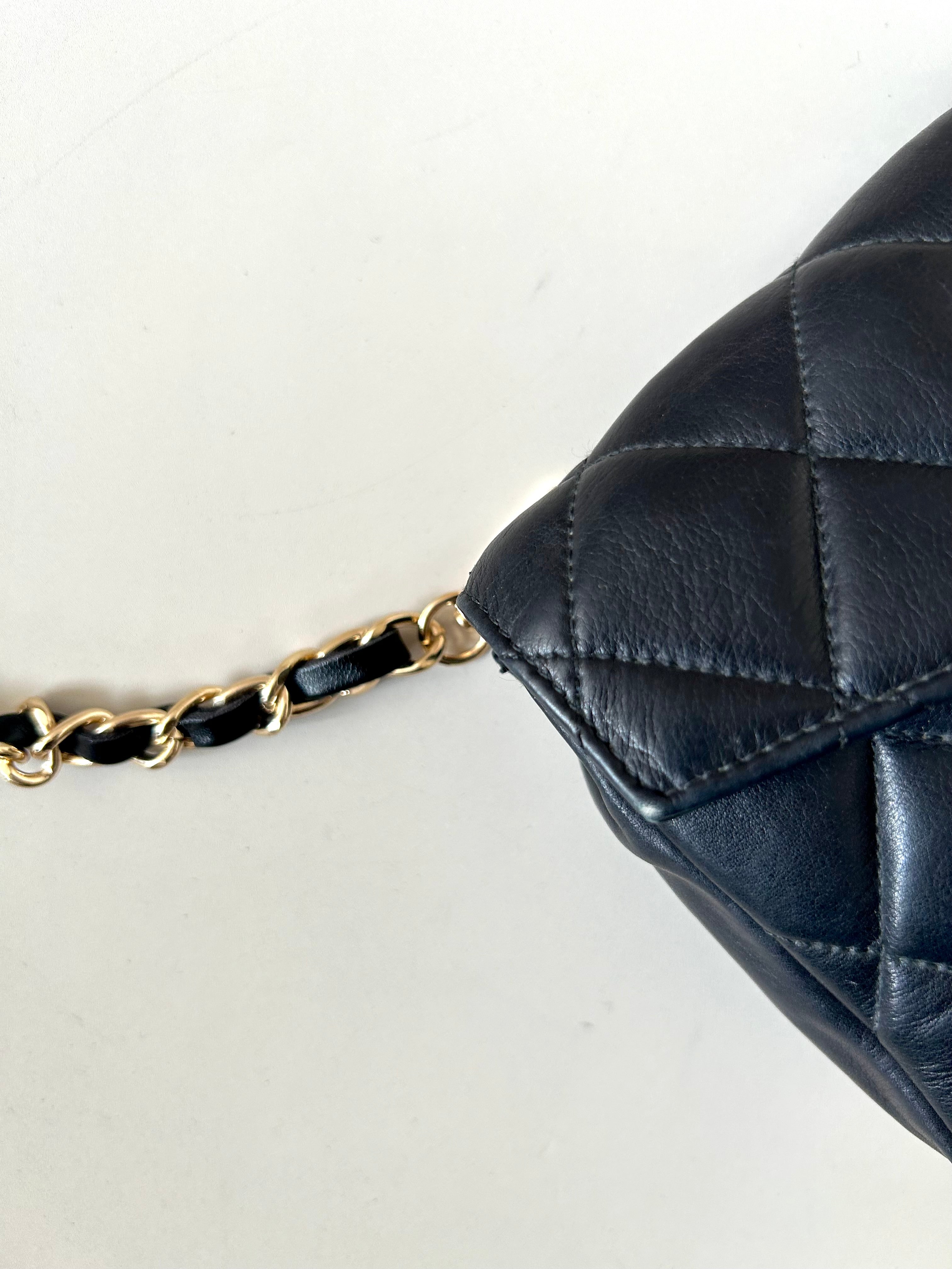 CHANEL rare black leather gold swivel buckle belt bag/side bag/clutch