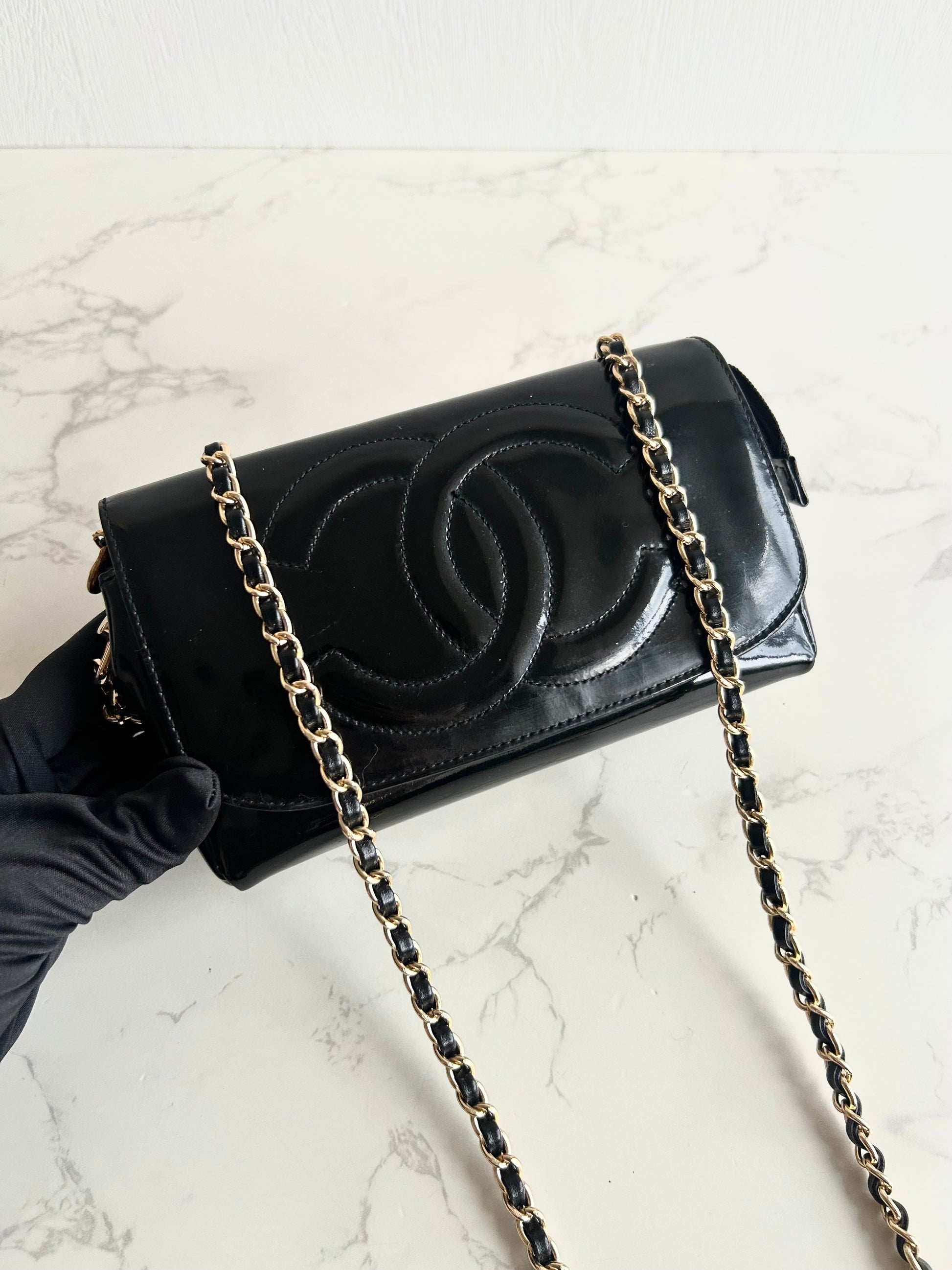 稀有中古Chanel 黑金色連鏡子斜背包 側背包
