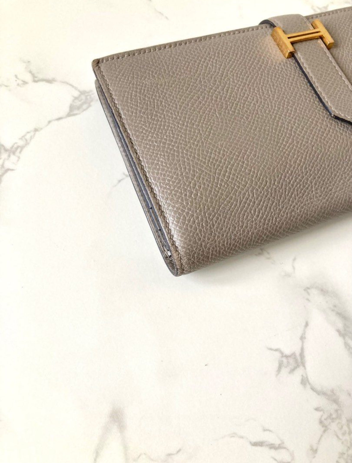 HERMES Bearn Elephant Grey Gold Buckle Epsom Leather Long Wallet/Wallet/Purse
