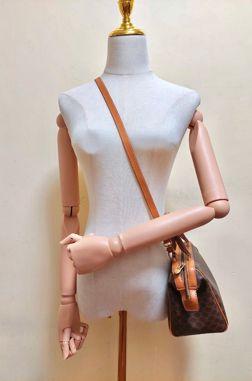 CELINE Brown Old Flower Leather Boston Bucket Bag/Side Bag/Handbag