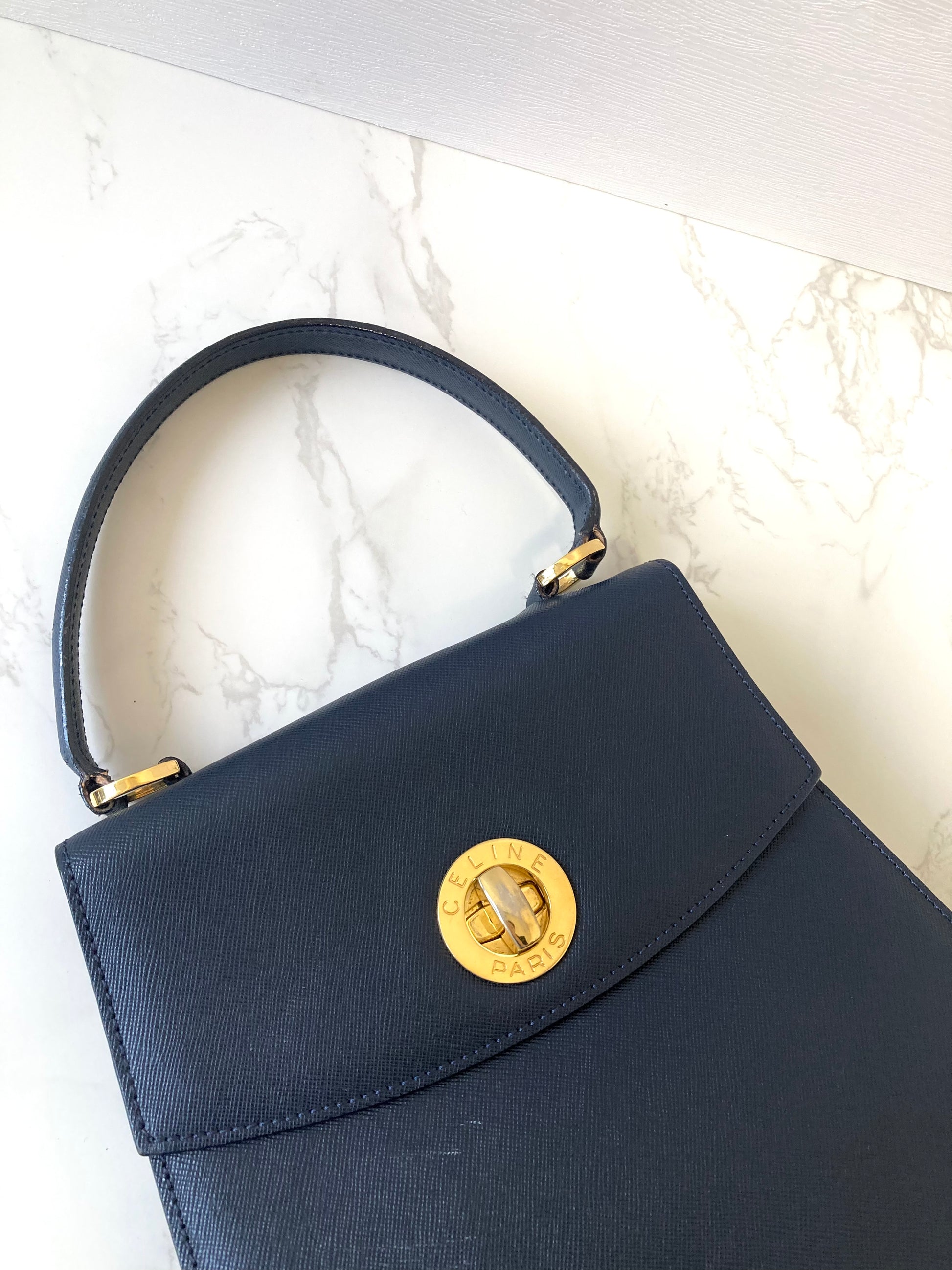 CELINE Rare Navy Blue x Gold Kelly Bag