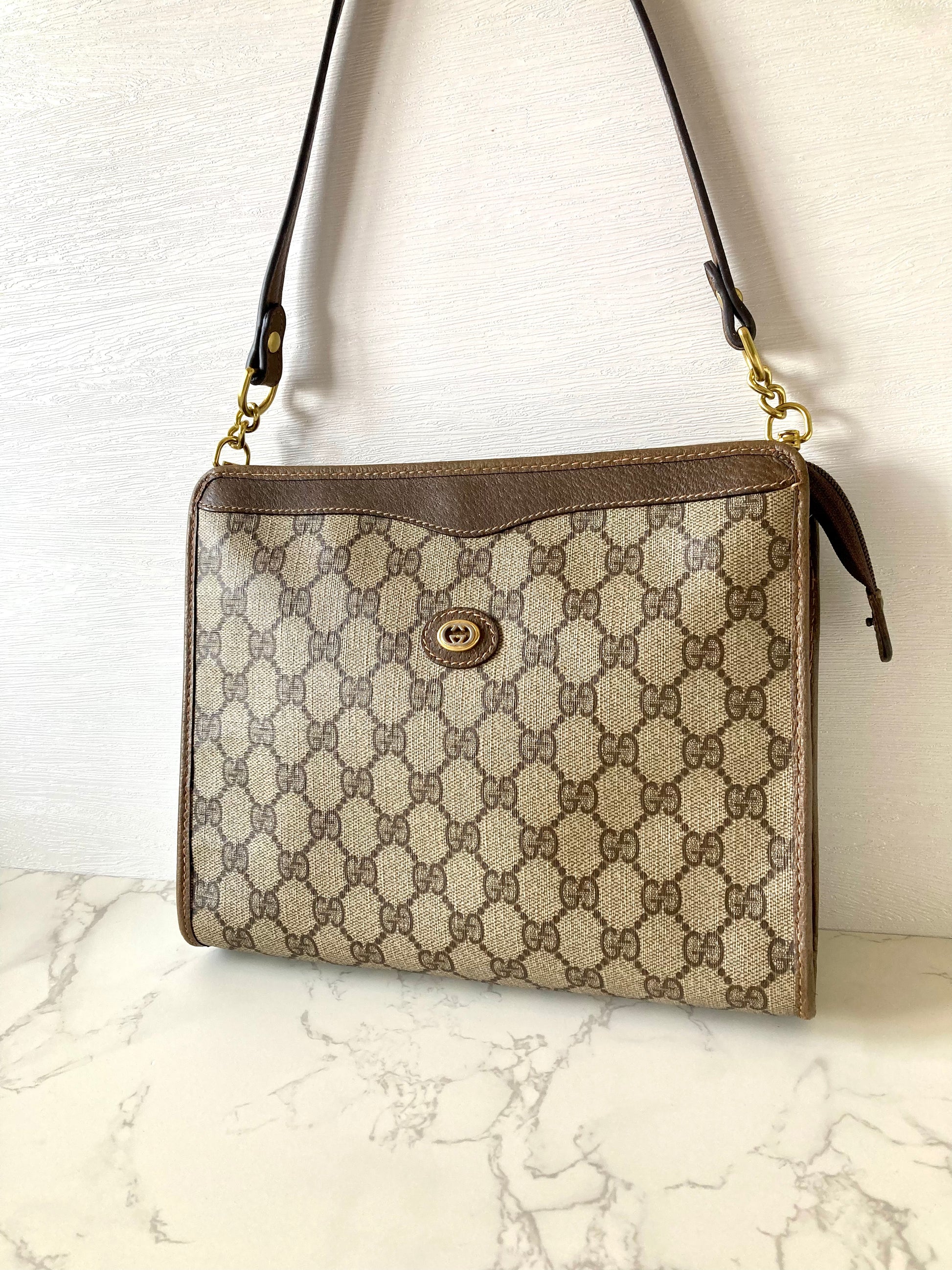 GUCCI Brown Monogram Gold Accessories Two-way Shoulder Bag / Pouch Bag