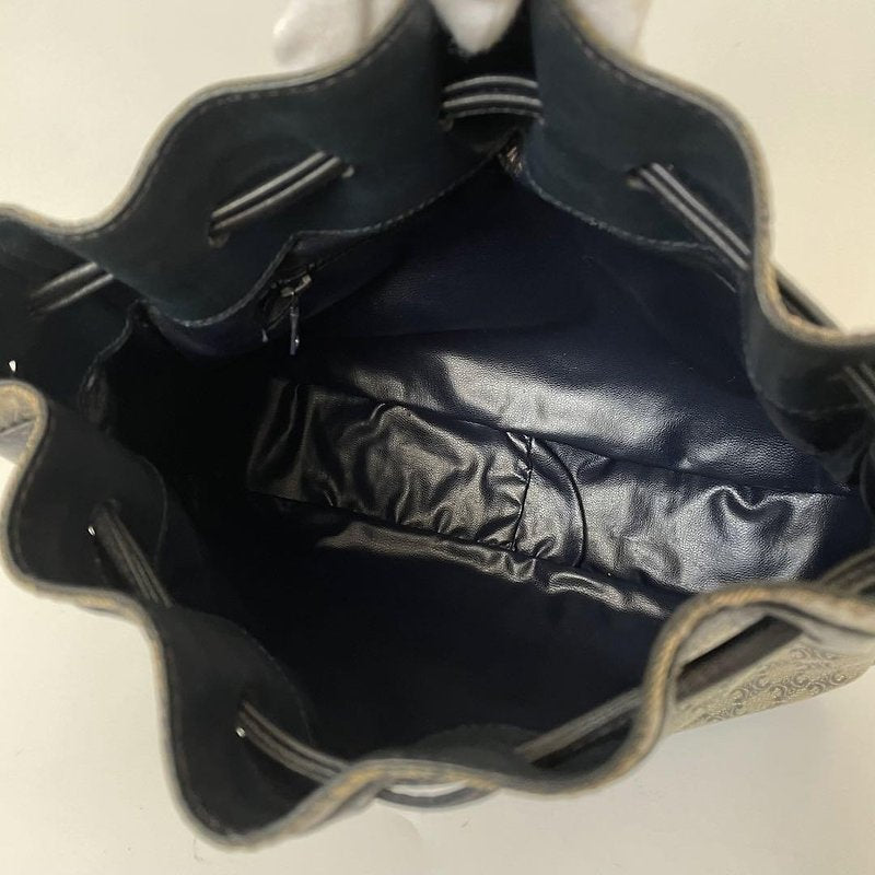 CELINE rare black old flower gold Arc de Triomphe leather shoulder drawstring bucket bag / side backpack