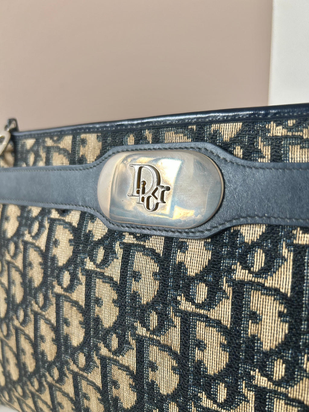 CHRISTIAN DIOR dark blue monogram shoulder bag/side bag/oblique bag
