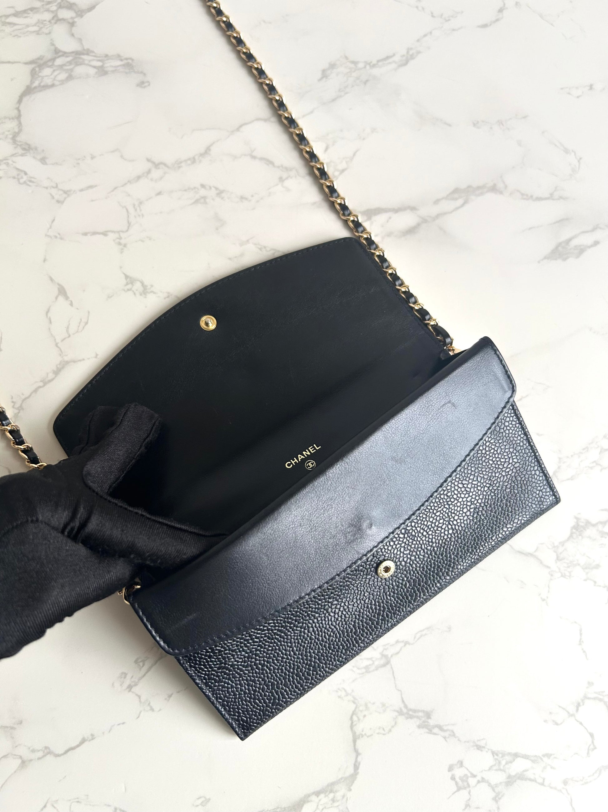 中古二手Chanel黑色魚子醬皮革WOC/側背包/斜背包/錢包