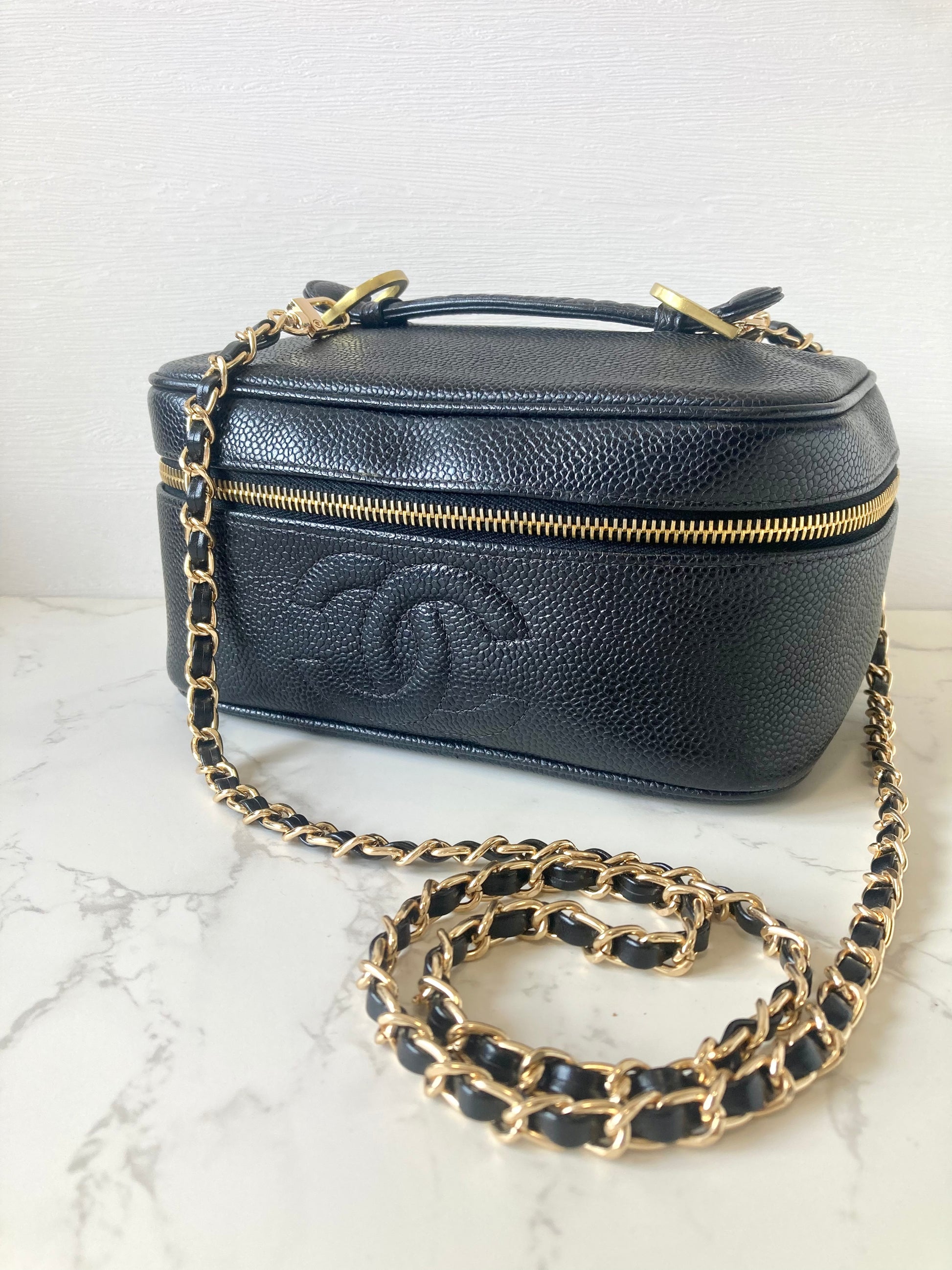 CHANEL Black Caviar Leather Vanity Case / Crossbody Chain Bag