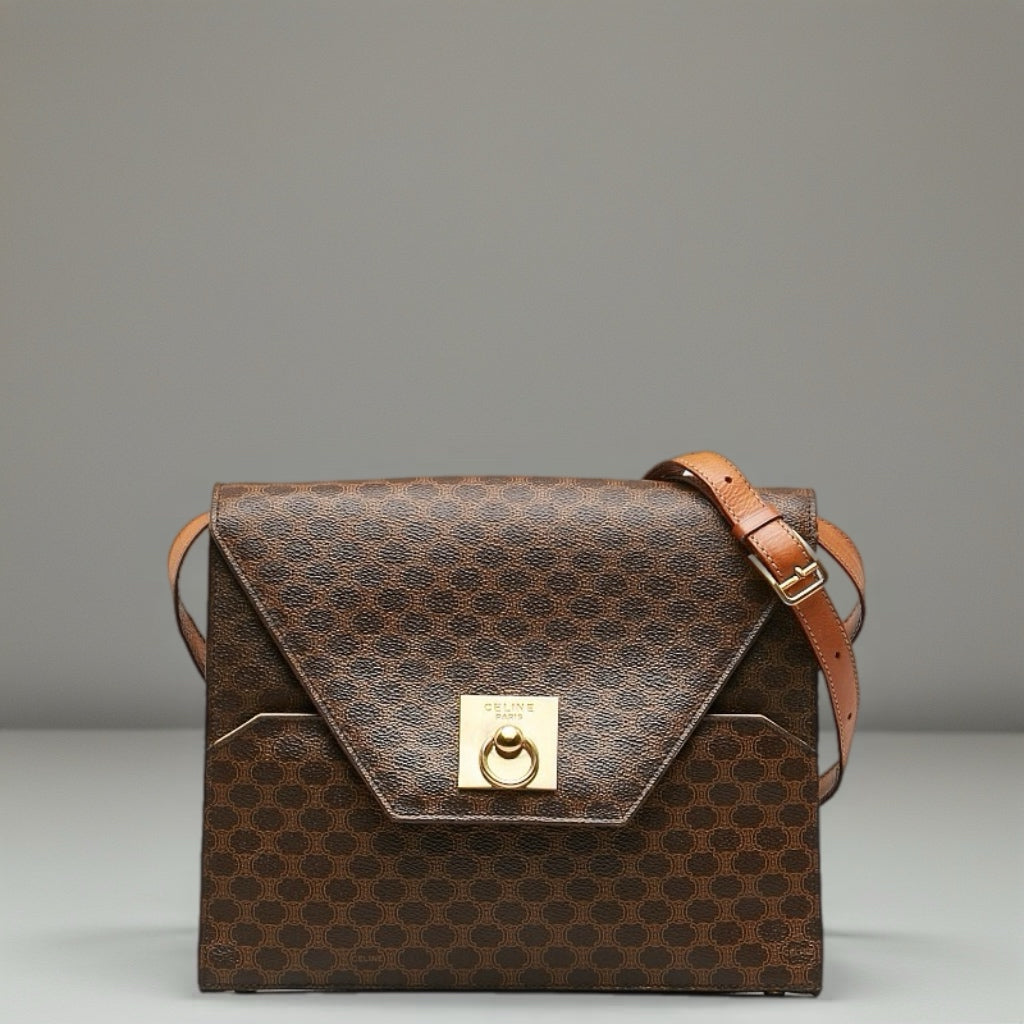 CELINE 中古咖啡色老花信封盒子包/側背包/斜背包