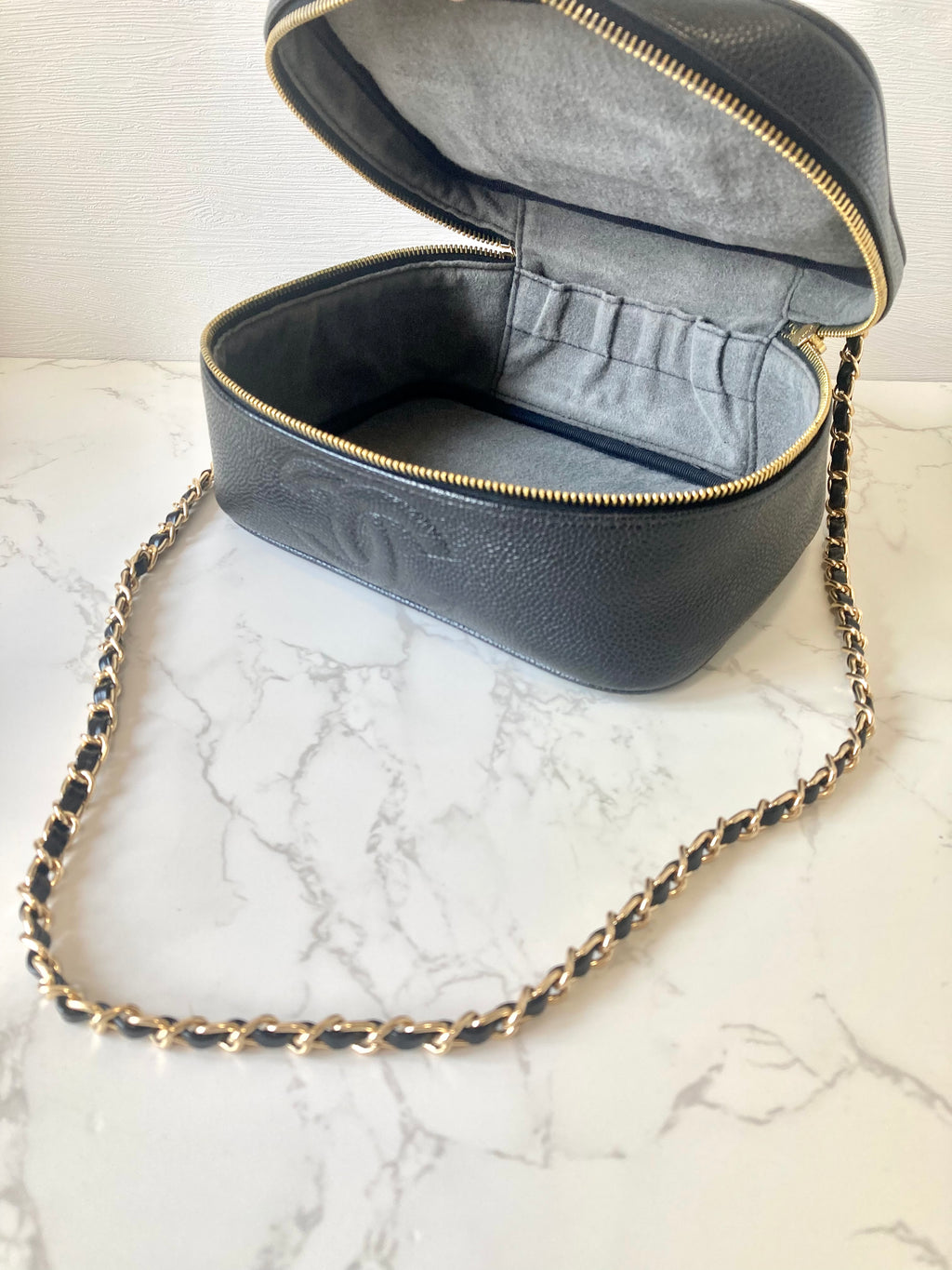 CHANEL Black Caviar Leather Vanity Case / Crossbody Chain Bag