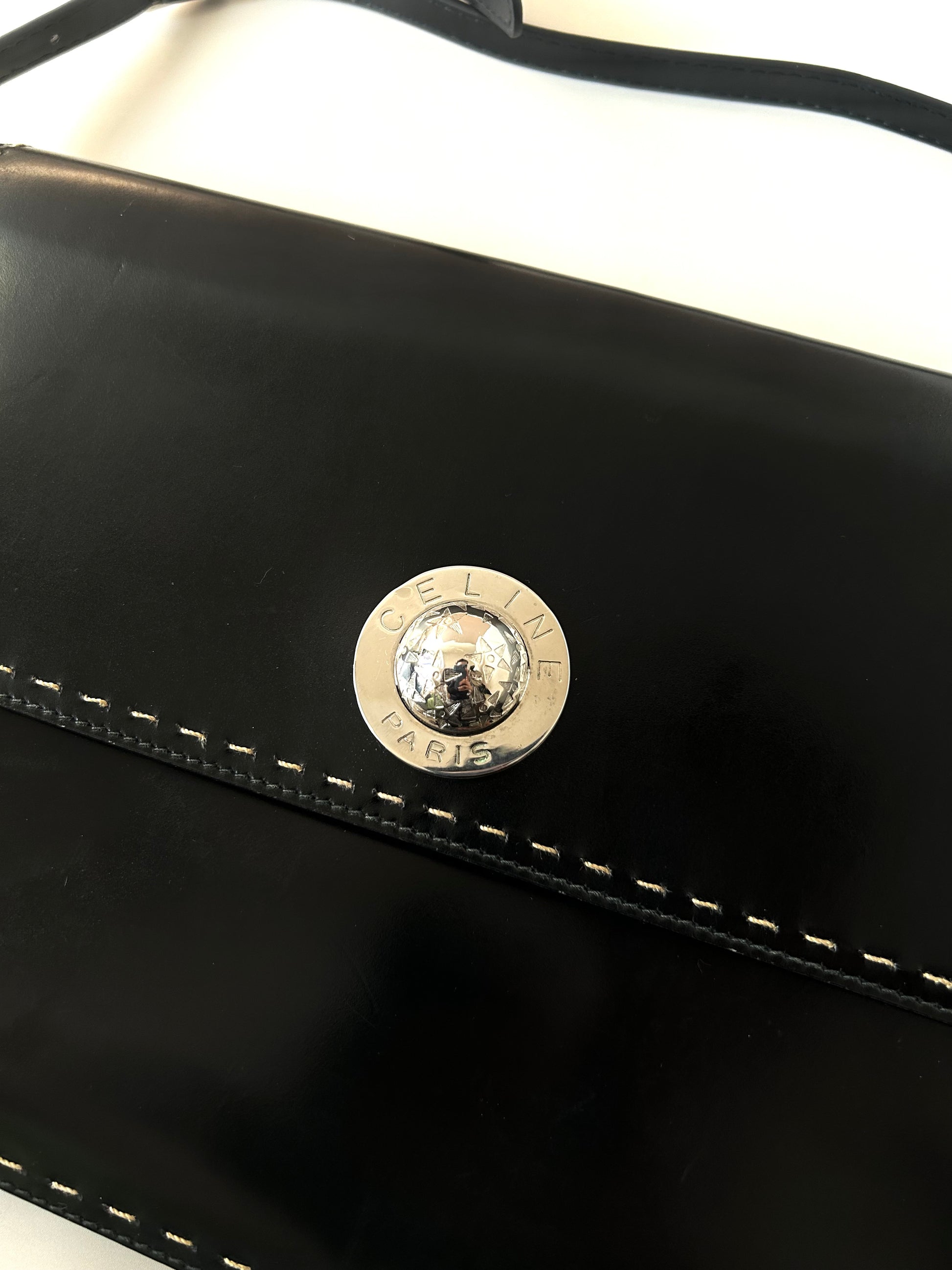 CELINE Rare Planet Black Silver Leather Envelope Bag/Side Bag/Messenger Bag