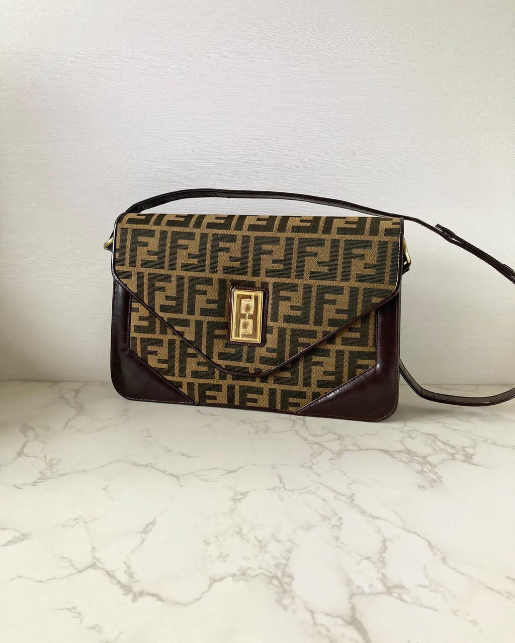FENDI Zucchino rare brown old flower gold buckle side bag / underarm bag