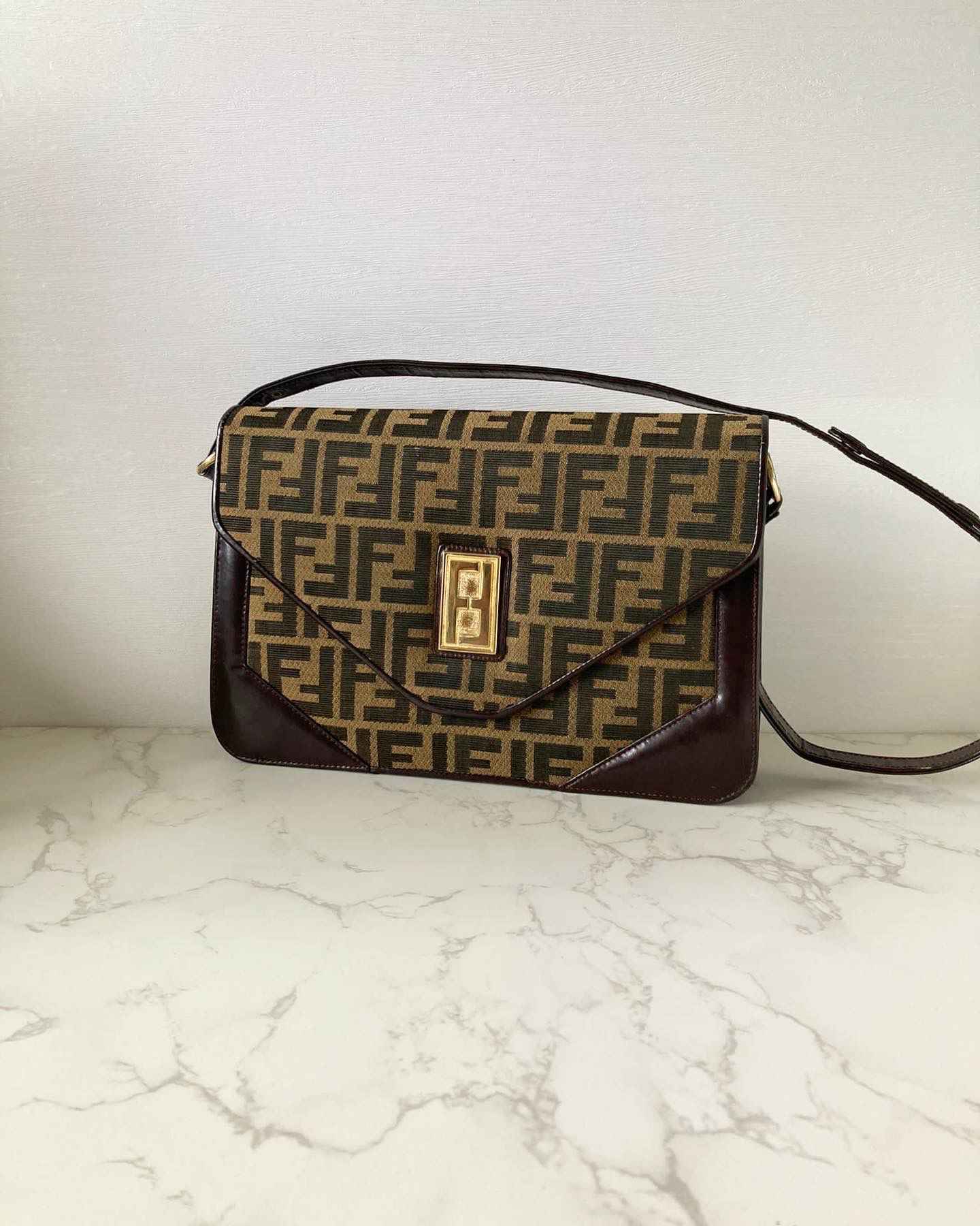 FENDI Zucchino rare brown old flower gold buckle side bag / underarm bag