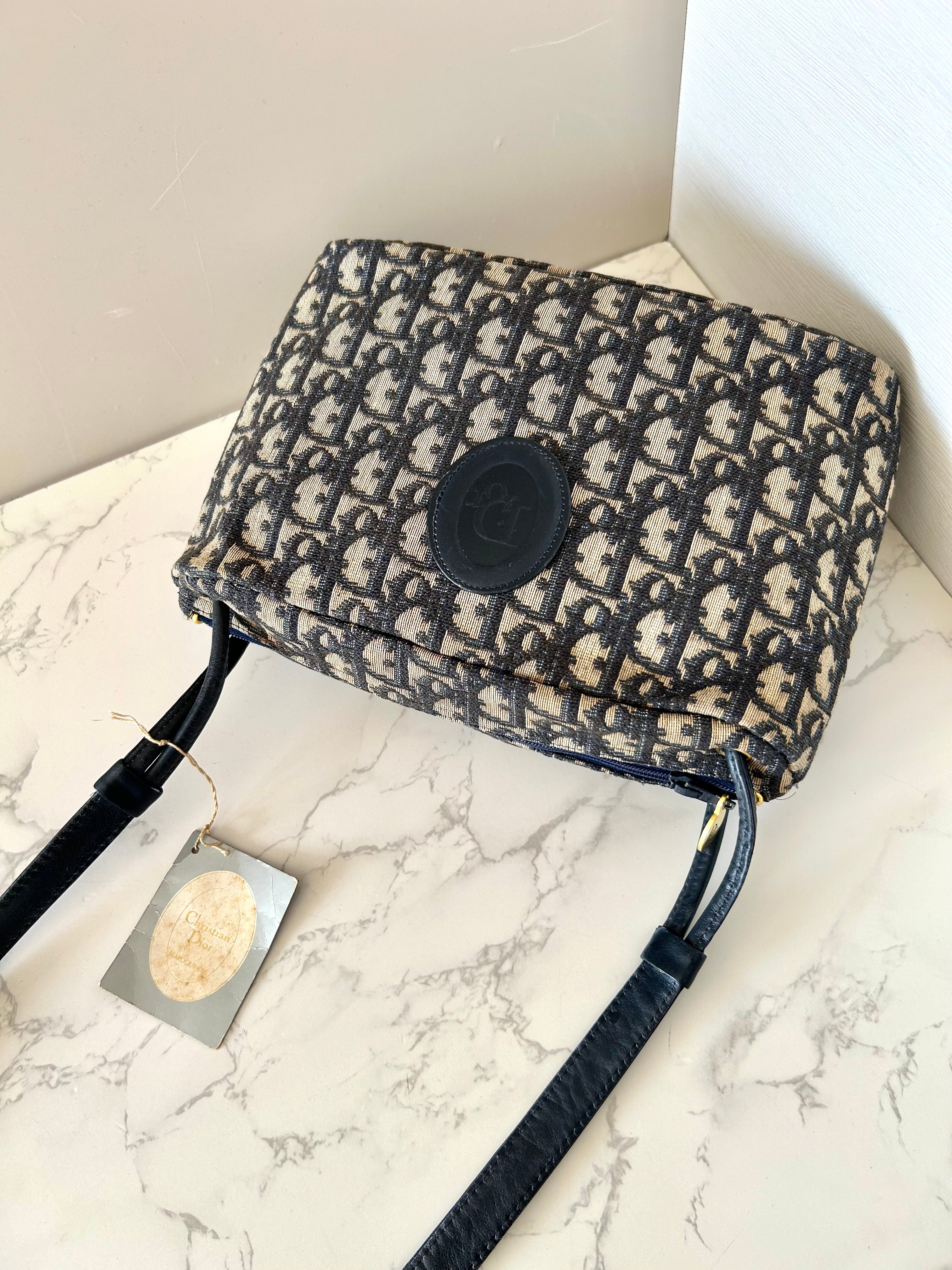 CHRISTIAN DIOR rare dark blue black old flower tofu shoulder bag