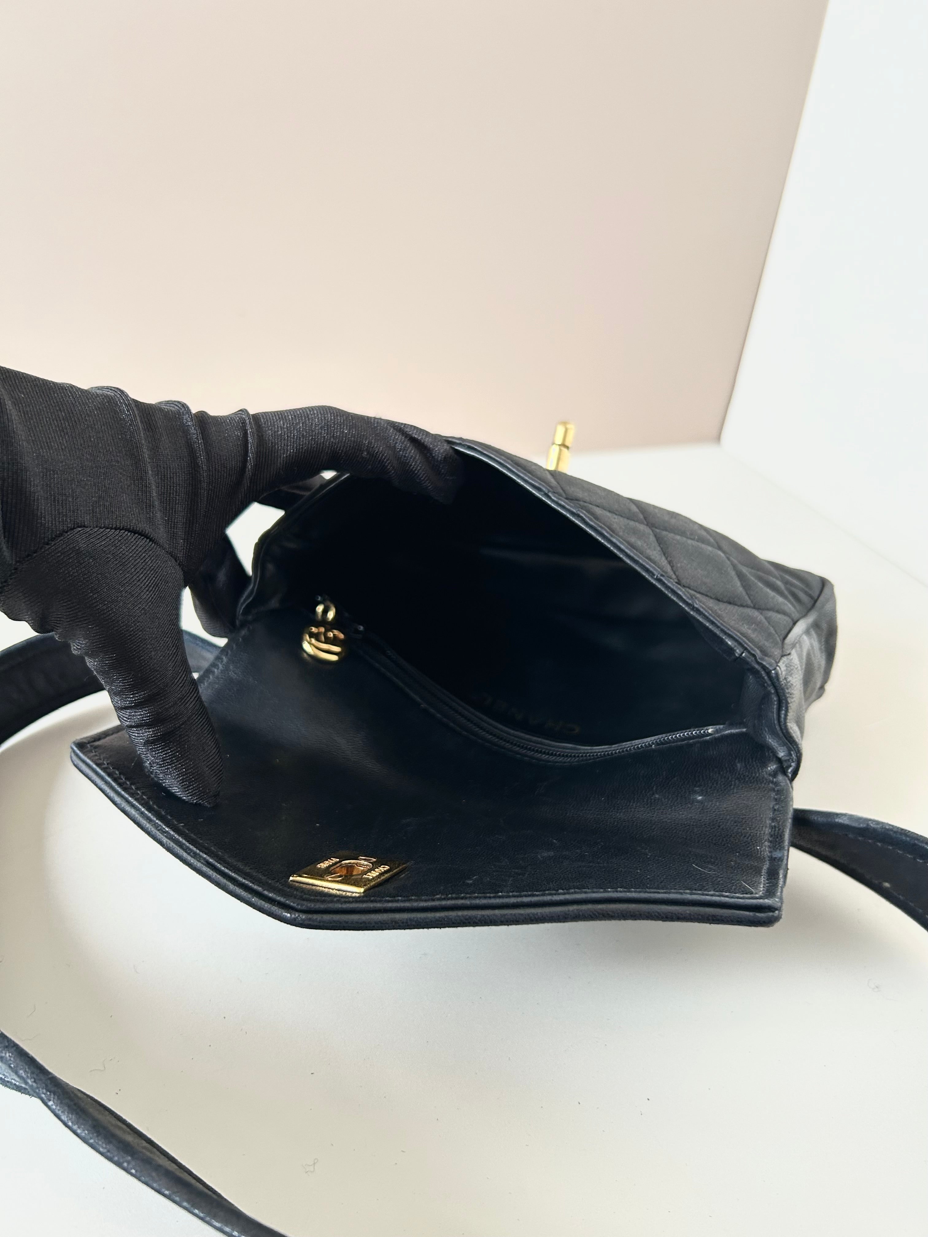 CHANEL rare black leather patchwork gold buckle belt bag / side bag / oblique bag