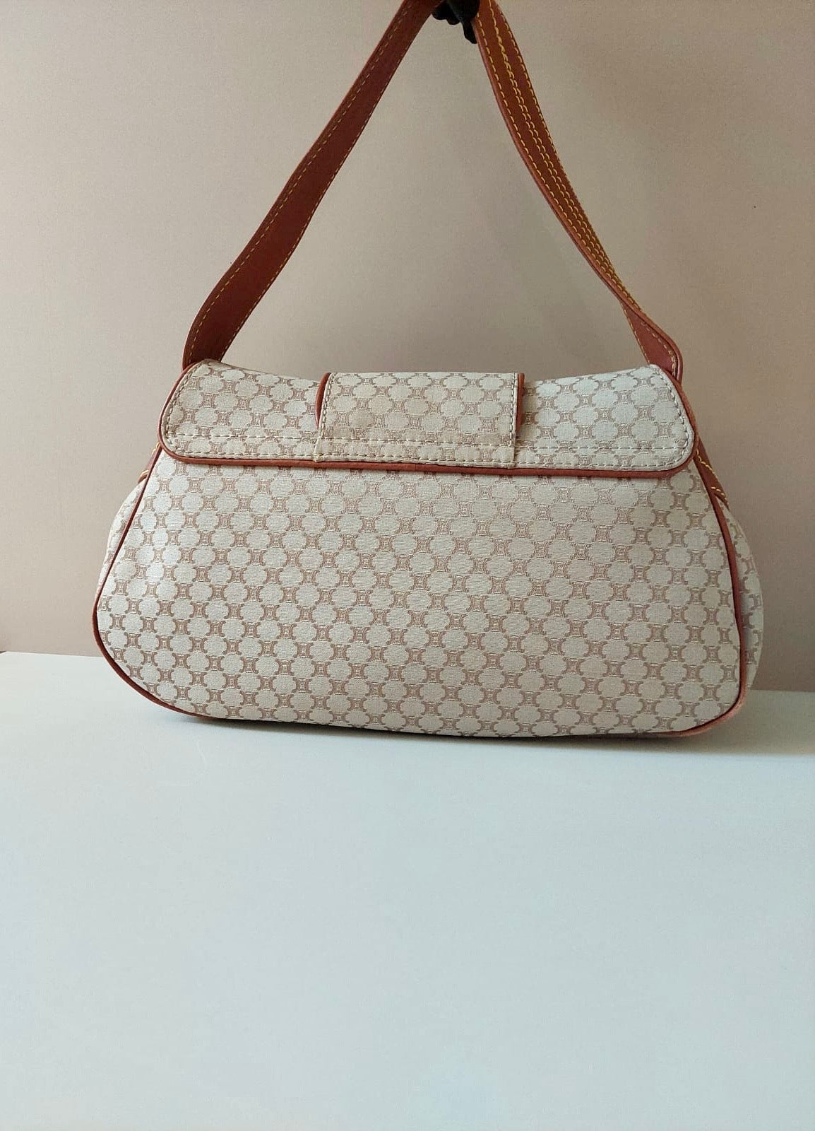 CELINE rare milk tea color old flower Arc de Triomphe old flower leather side backpack / underarm bag