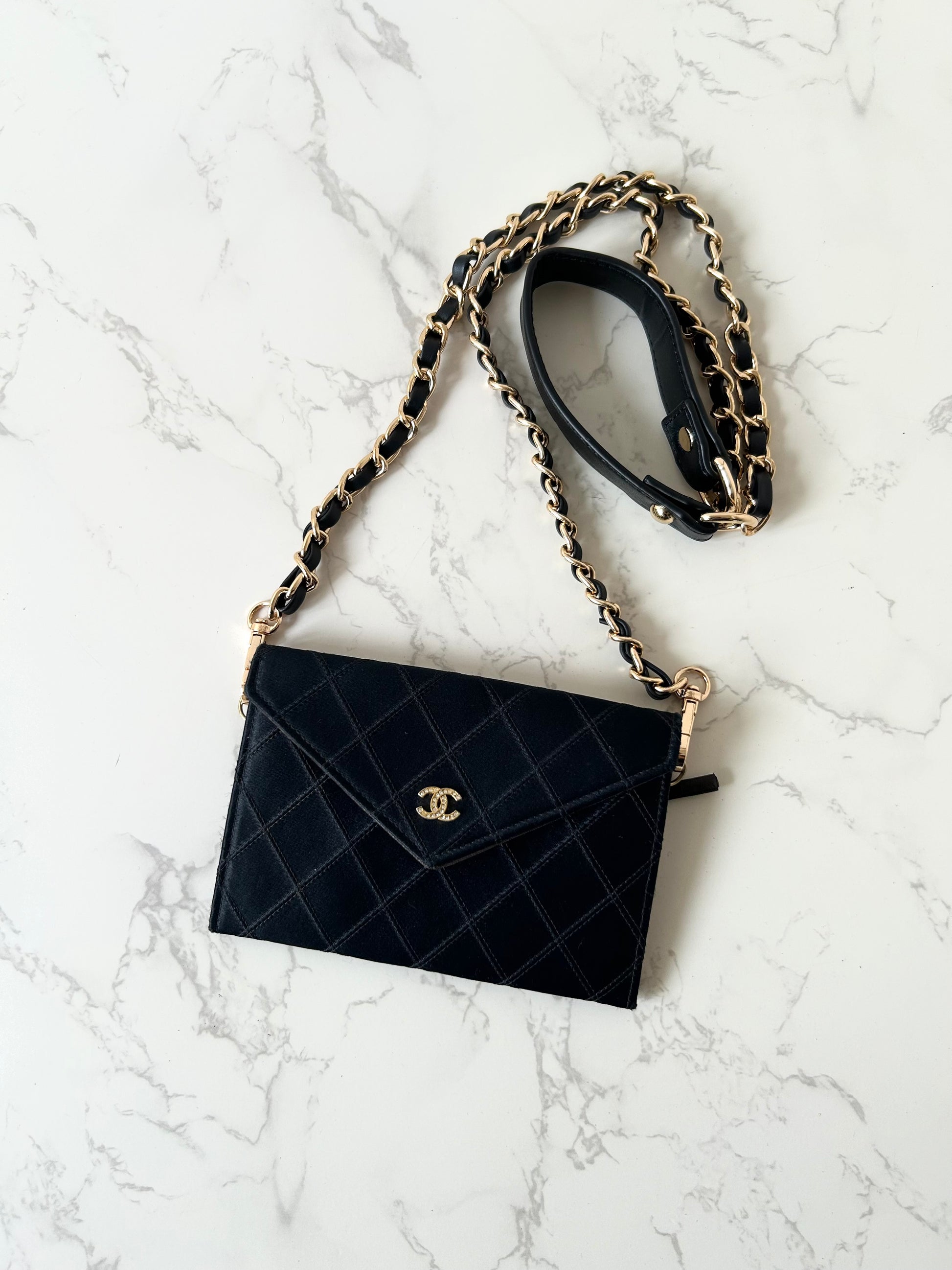 CHANEL Rare Black Satin Rhinestone Small Bag/Side Bag/Messenger Bag/Clutch Bag