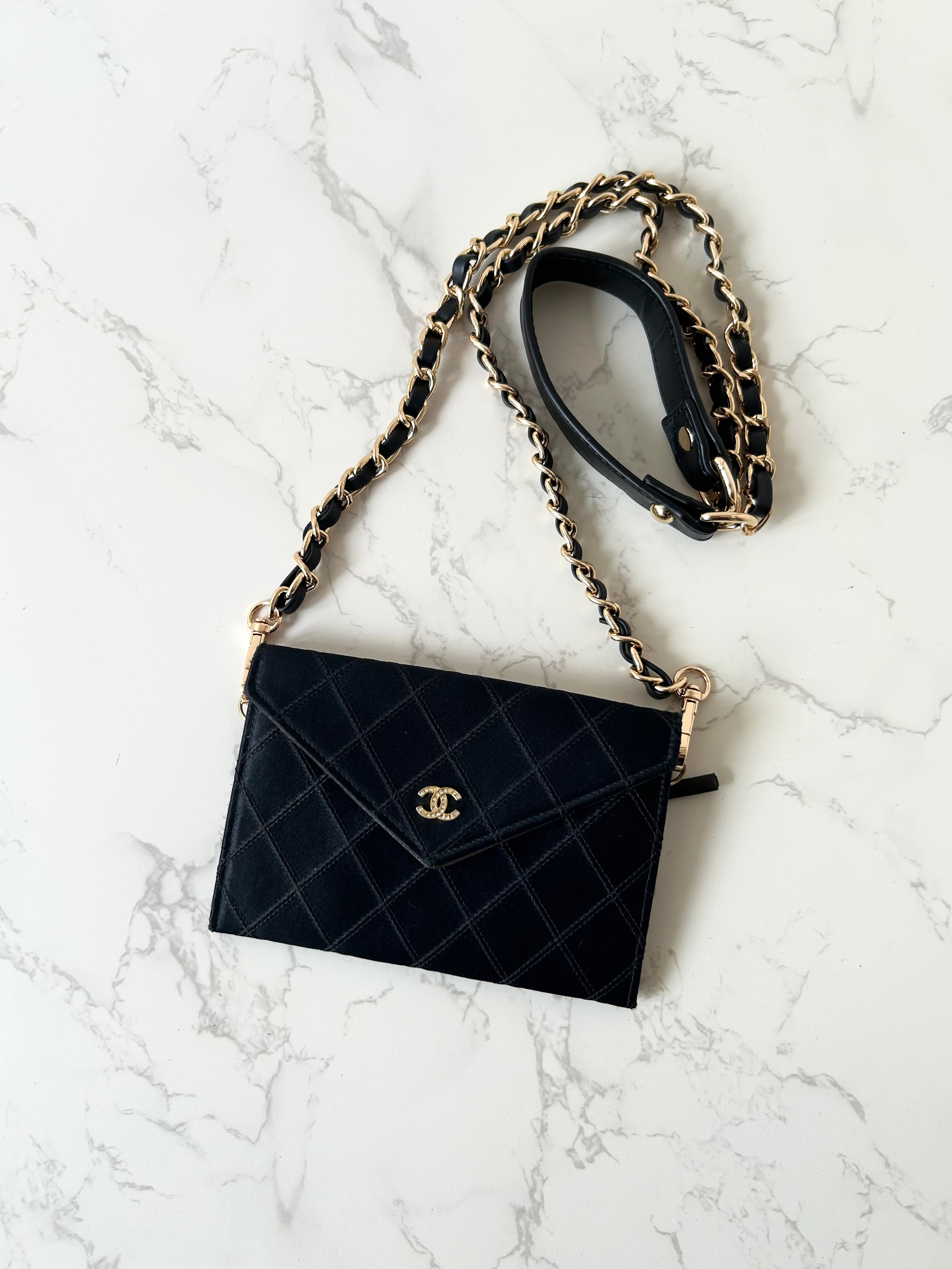 CHANEL Rare Black Satin Rhinestone Small Bag/Side Bag/Messenger Bag/Clutch Bag