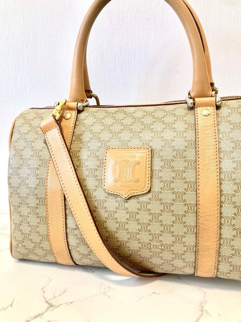 CELINE Beige Brown Old Flower Leather Boston Handbag/Side Bag/Messenger Bag