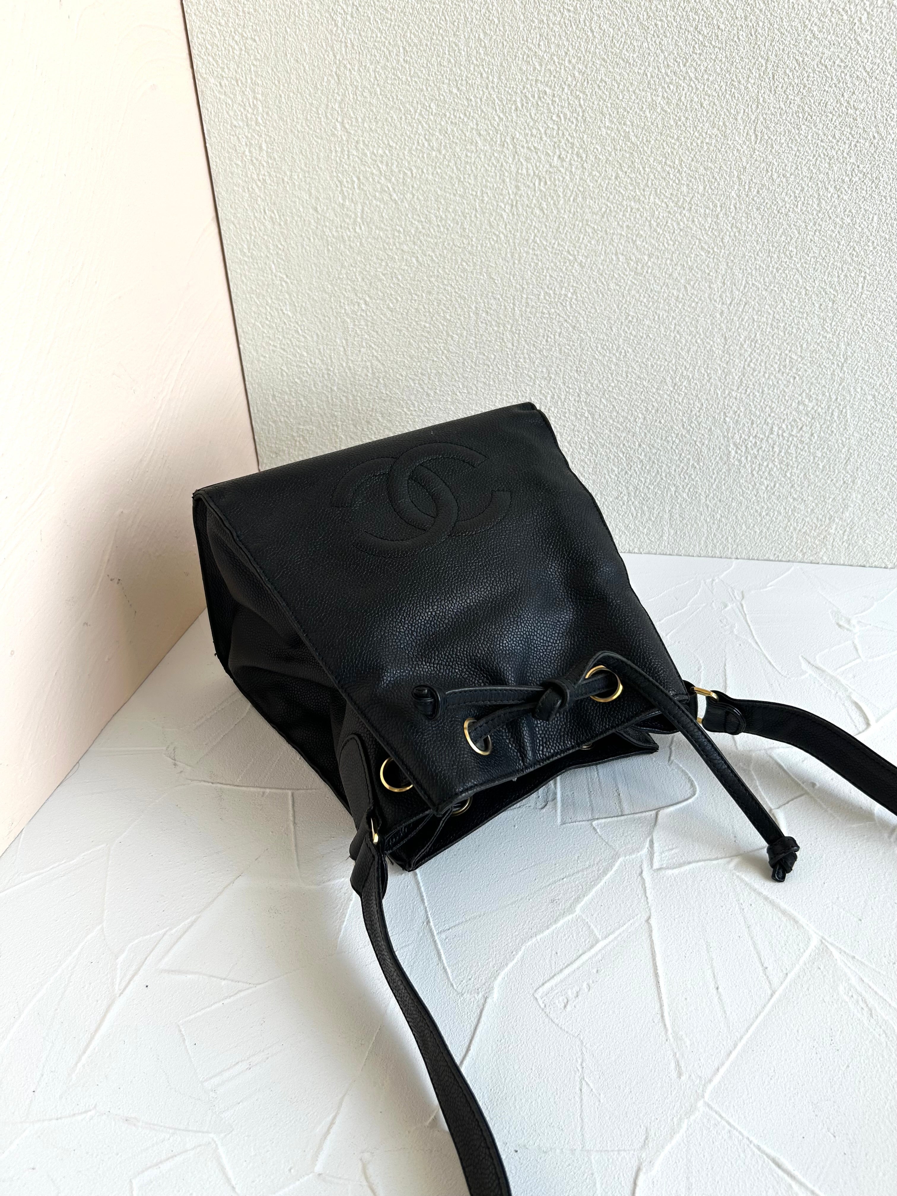 Rare Used Chanel Black Caviar Leather Bucket Bag / Shoulder Bag / Crossbody Bag