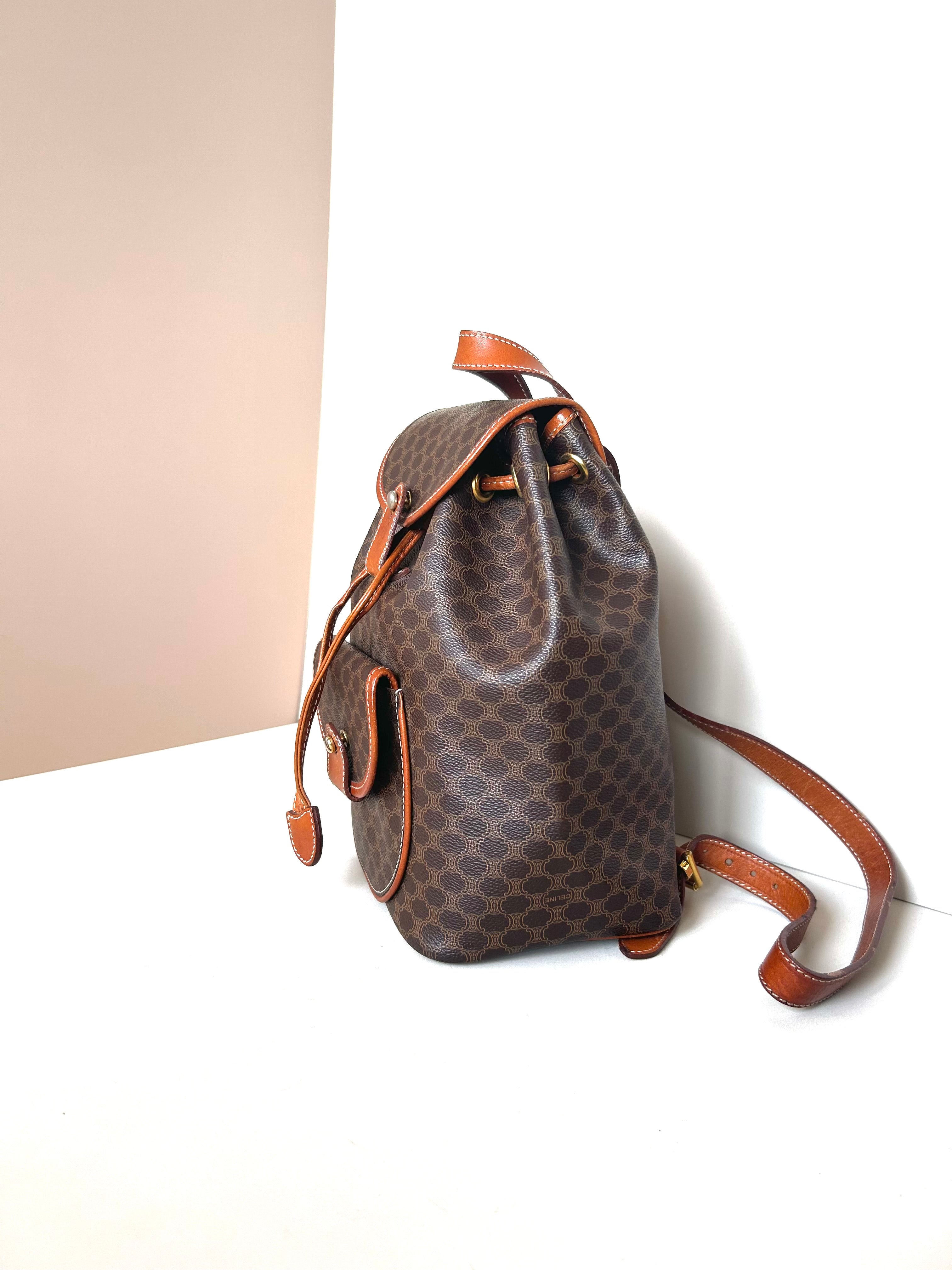 CELINE rare replica coffee color old flower gold buckle backpack / shoulder bag