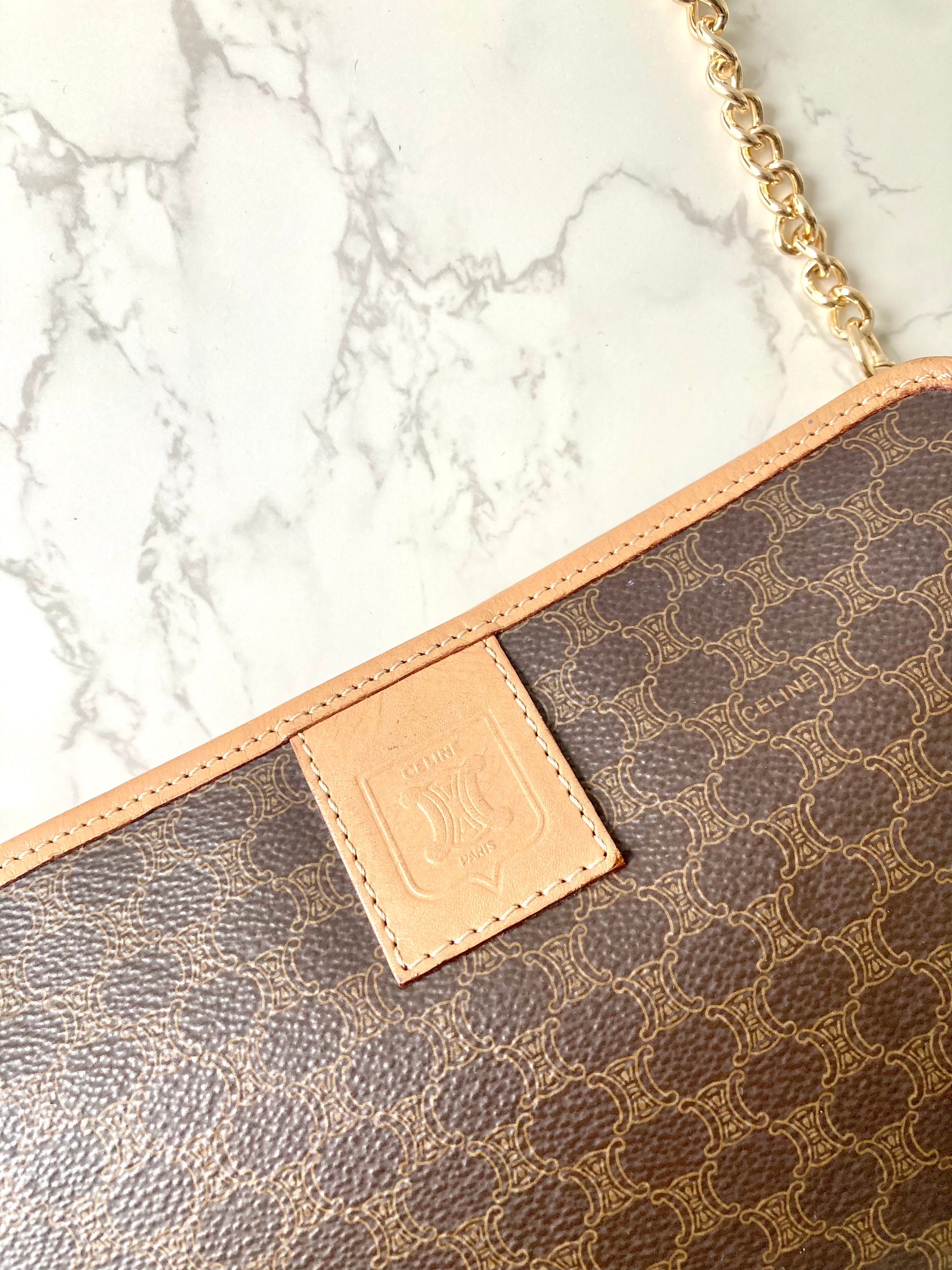 CELINE Brown Macadam Monogram Two-way Shoulder Bag / Pouch Chain Bag