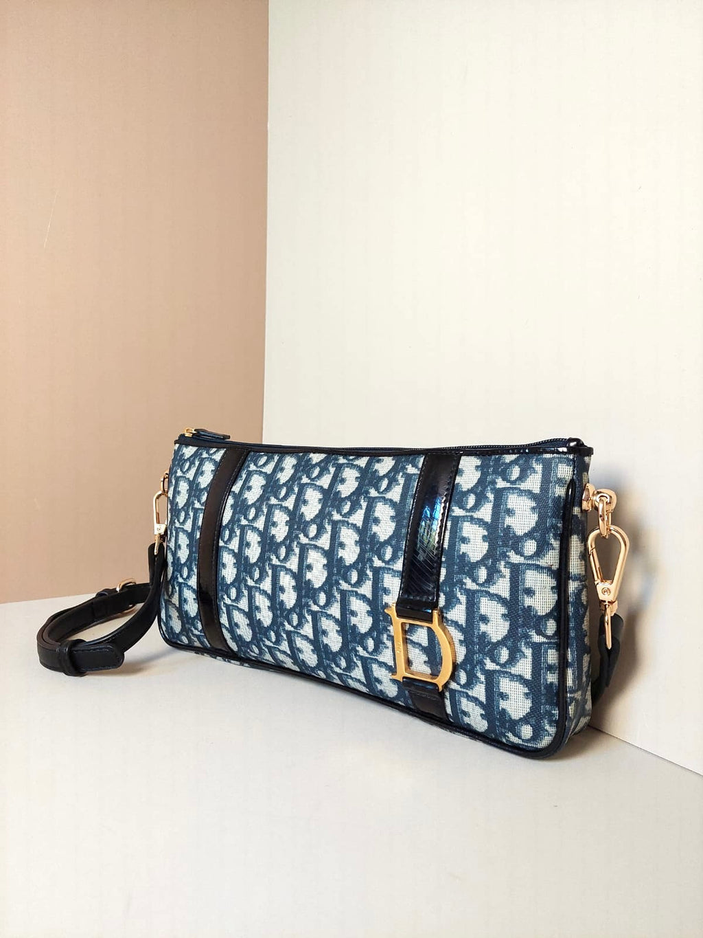 CHRISTIAN DIOR rare dark blue and white monogram shoulder bag / side bag / oblique bag