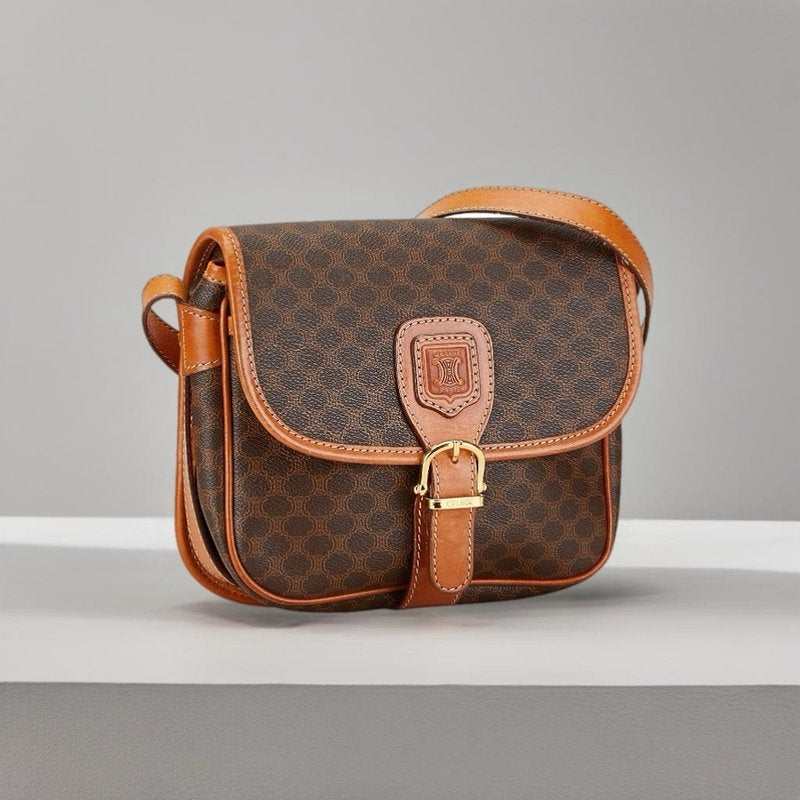 CELINE Brown Old Flower Tofu Side Bag / Crossbody Bag