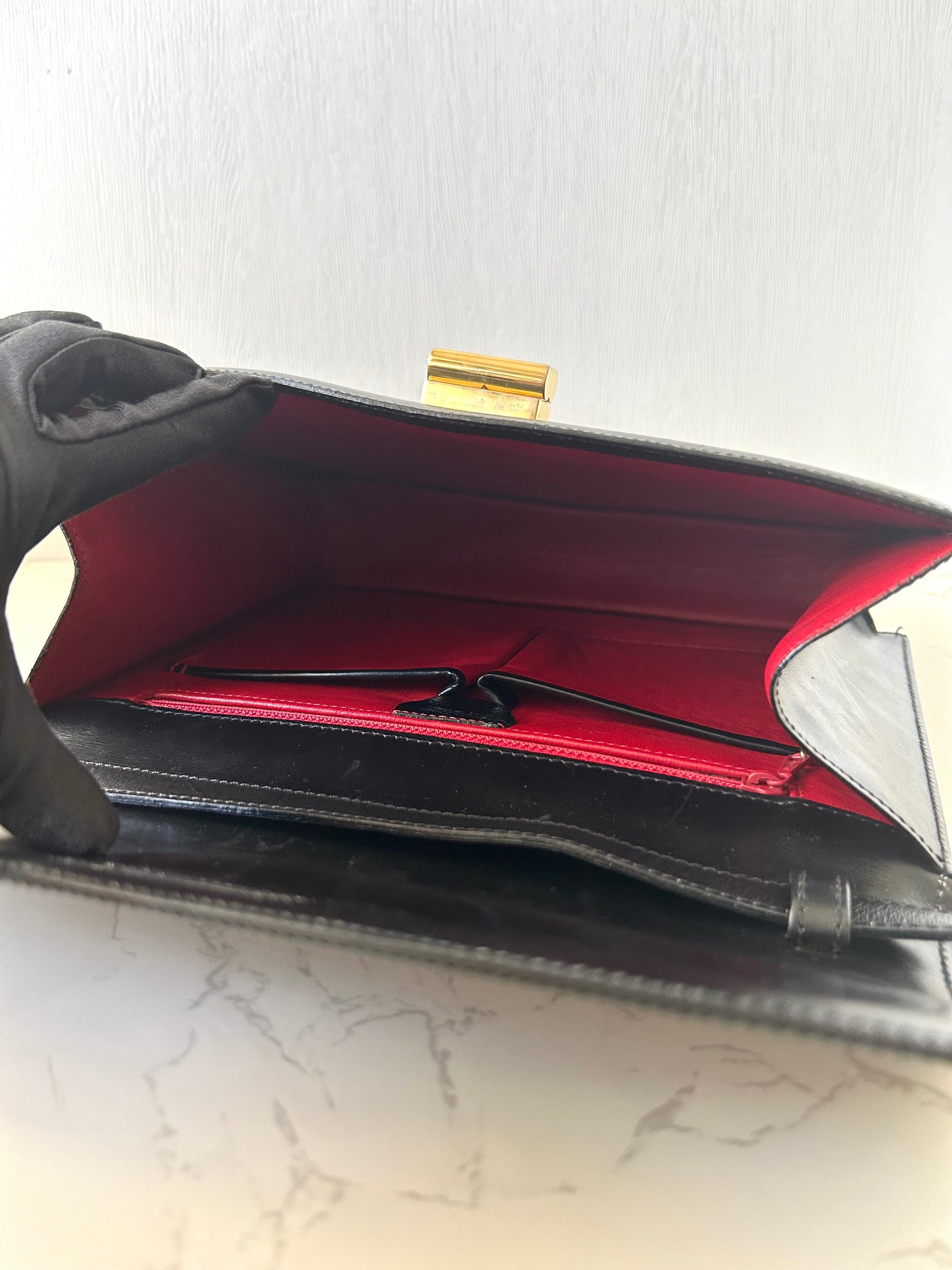 CELINE rare black cross rotating gold buckle leather small shoulder bag / crossbody bag