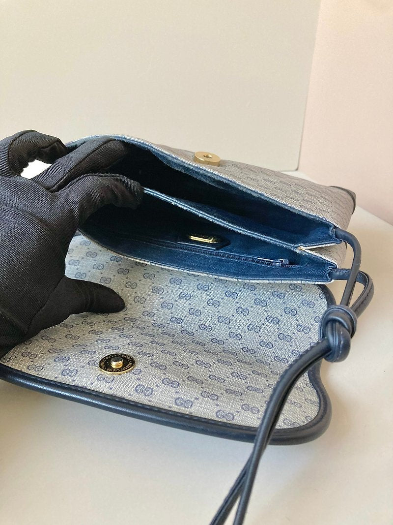 GUCCI rare blue and black old flower canvas and leather small bag/side bag/oblique bag