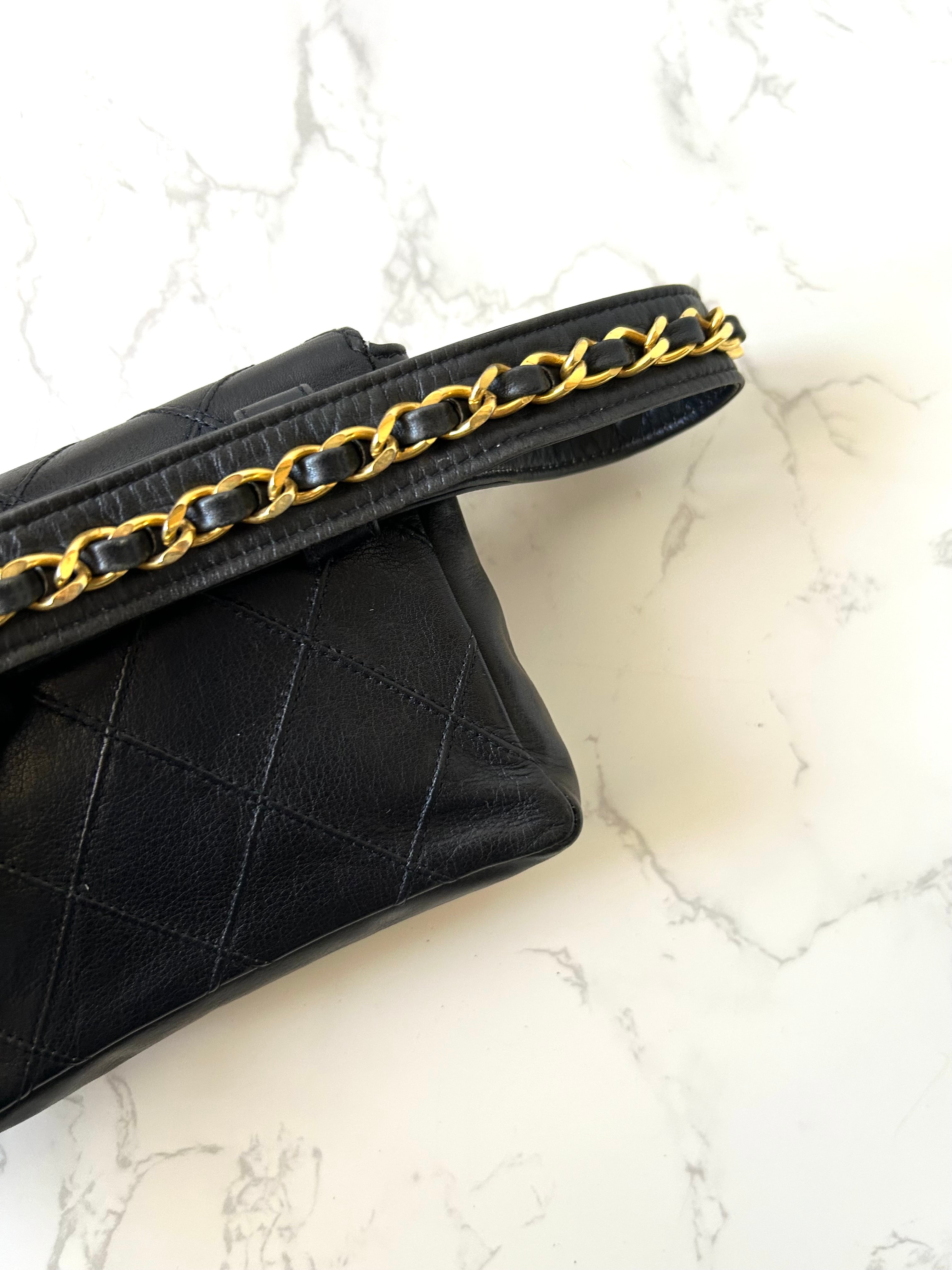 Rare CHANEL Matelassé Black Leather Gold Rotating Buckle Crossbody/Belt Bag/Shoulder Bag