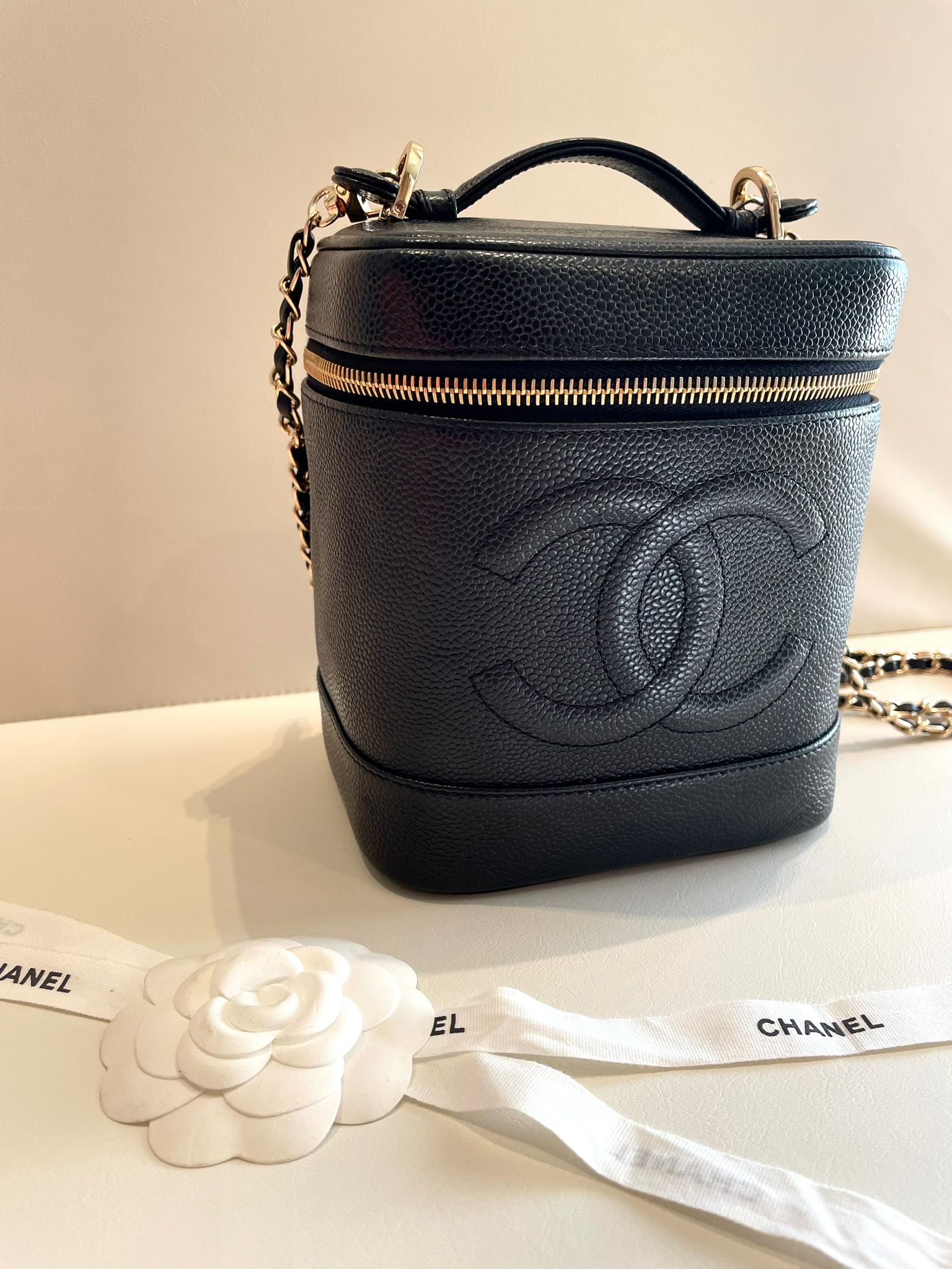 CHANEL Rare Caviar Leather Vertical Vanity Case / Crossbody Chain Bag