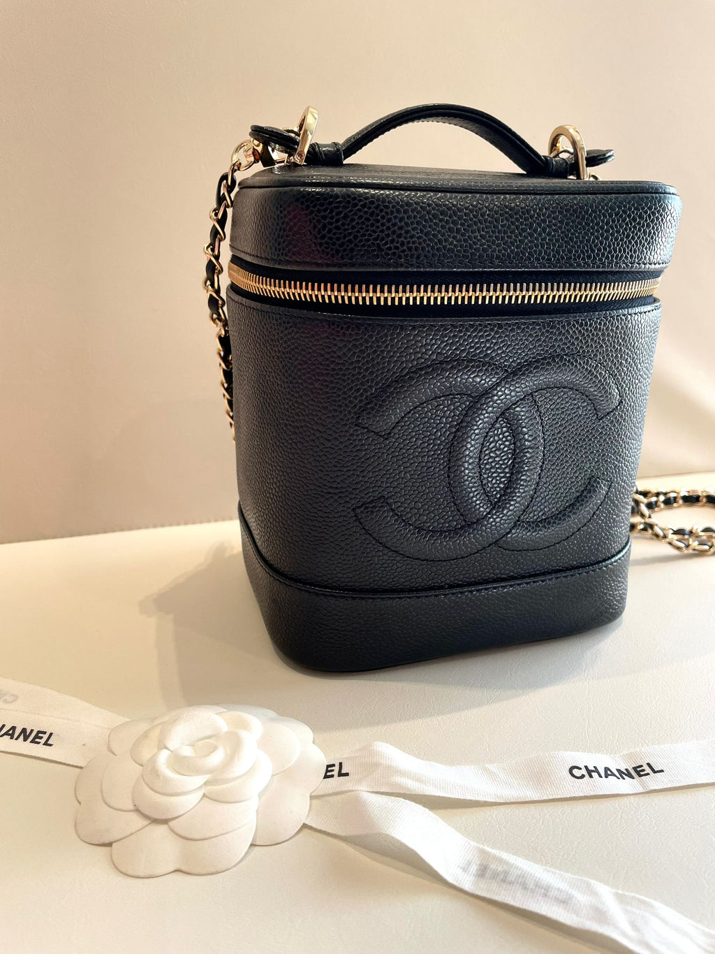 CHANEL Rare Caviar Leather Vertical Vanity Case / Crossbody Chain Bag