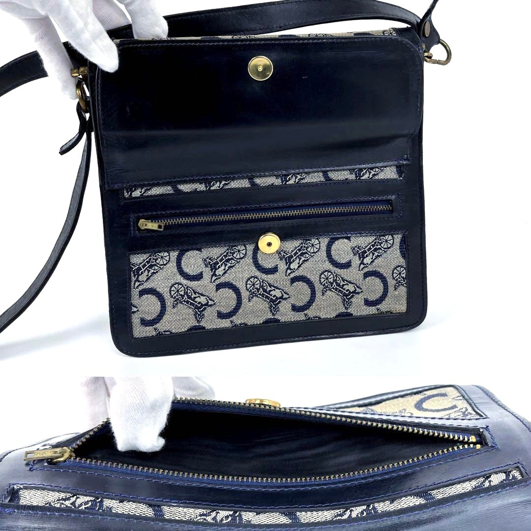 CELINE carriage gold buckle blue and black monogram side backpack/shoulder bag
