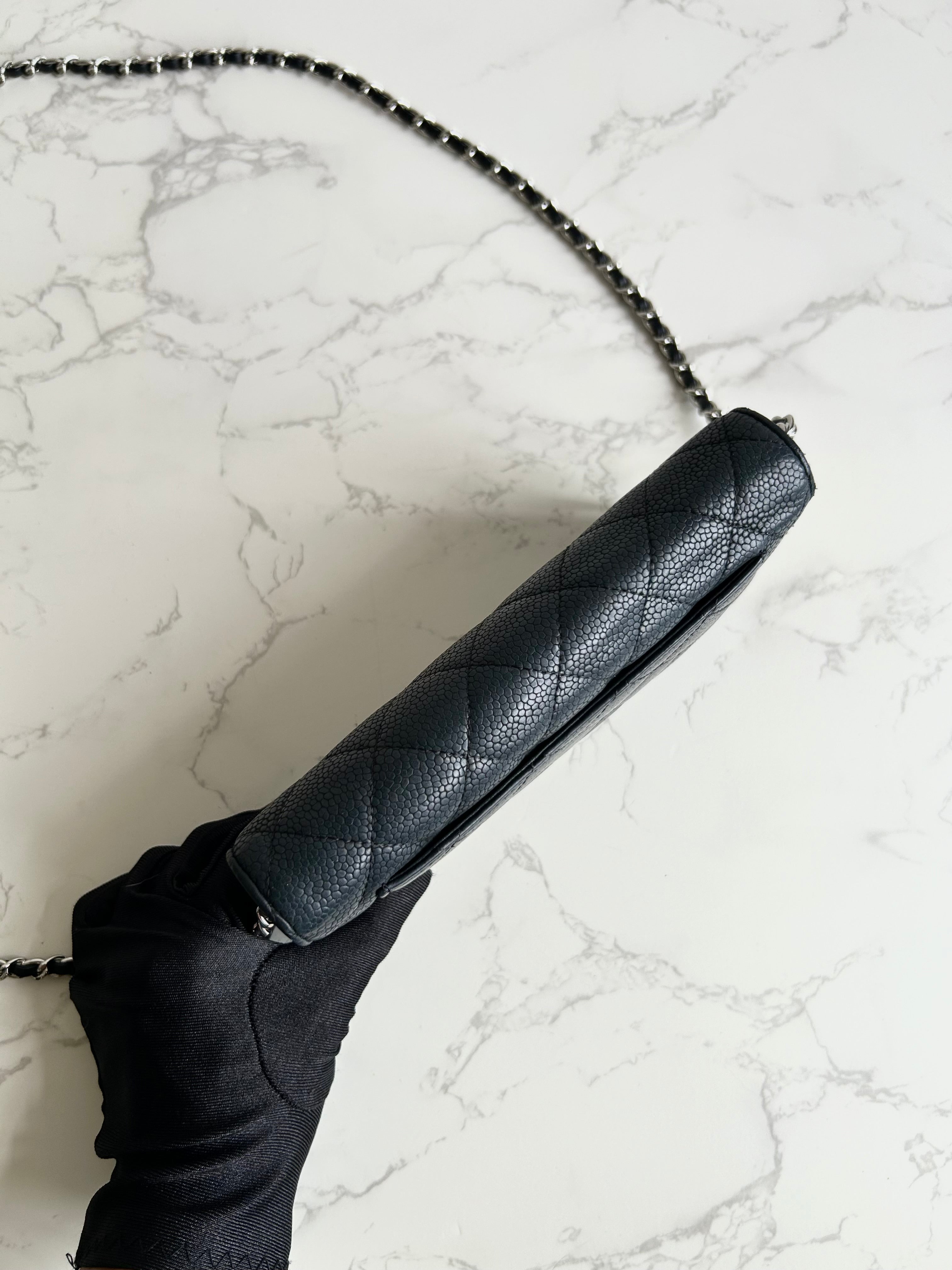 CHANEL black silver buckle caviar leather WOC long wallet / oblique bag / side bag