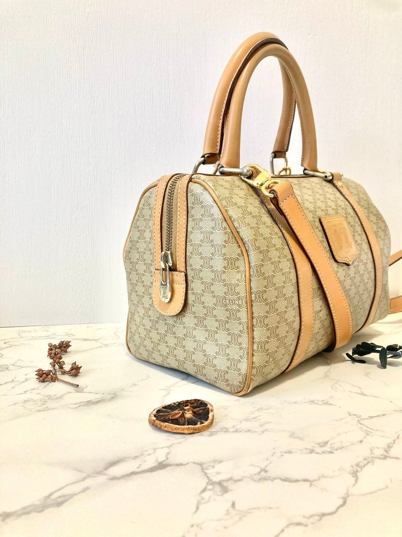 CELINE Beige Brown Old Flower Leather Boston Handbag/Side Bag/Messenger Bag