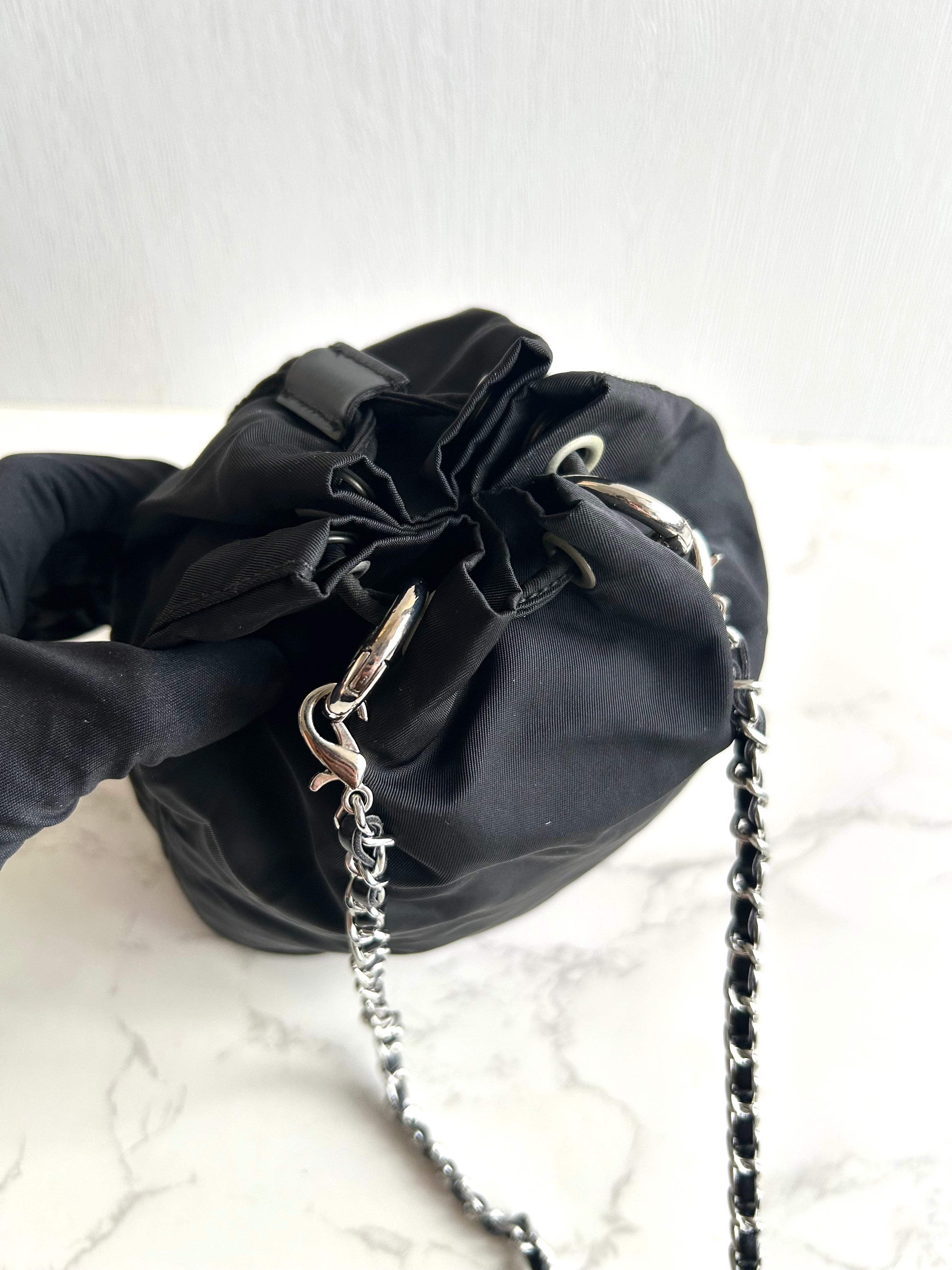 Used Prada Black and Silver Chain Mini Bucket Bag, Shoulder Bag, Crossbody Bag