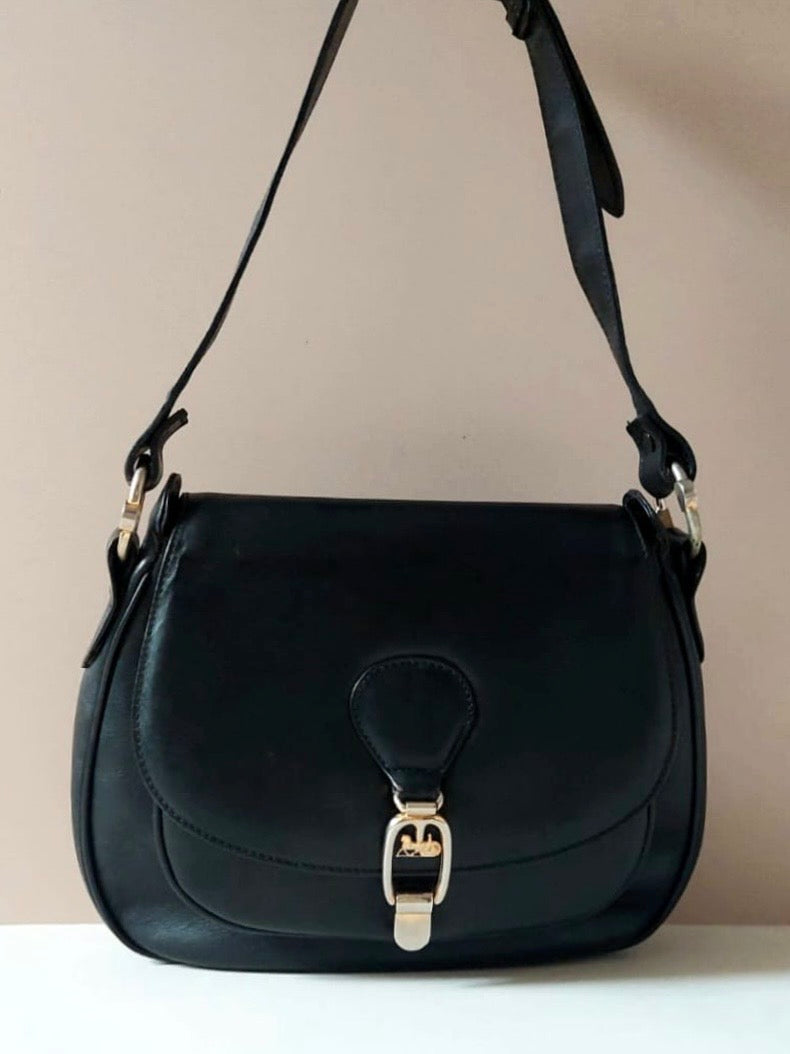 CELINE 稀有黑色馬車金扣馬鞍側背包