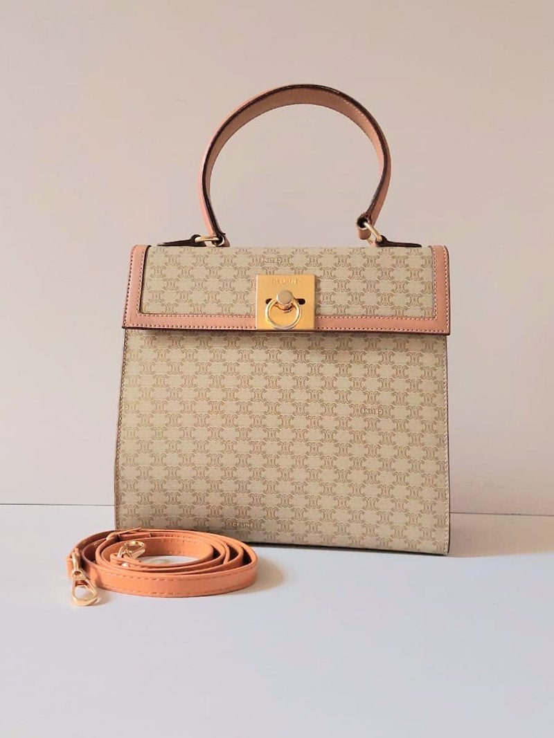 CELINE Rare Mini Kelly Brown Old Flower Leather Handbag/Side Bag/Messenger Bag - Japanese Second-hand Vintage
